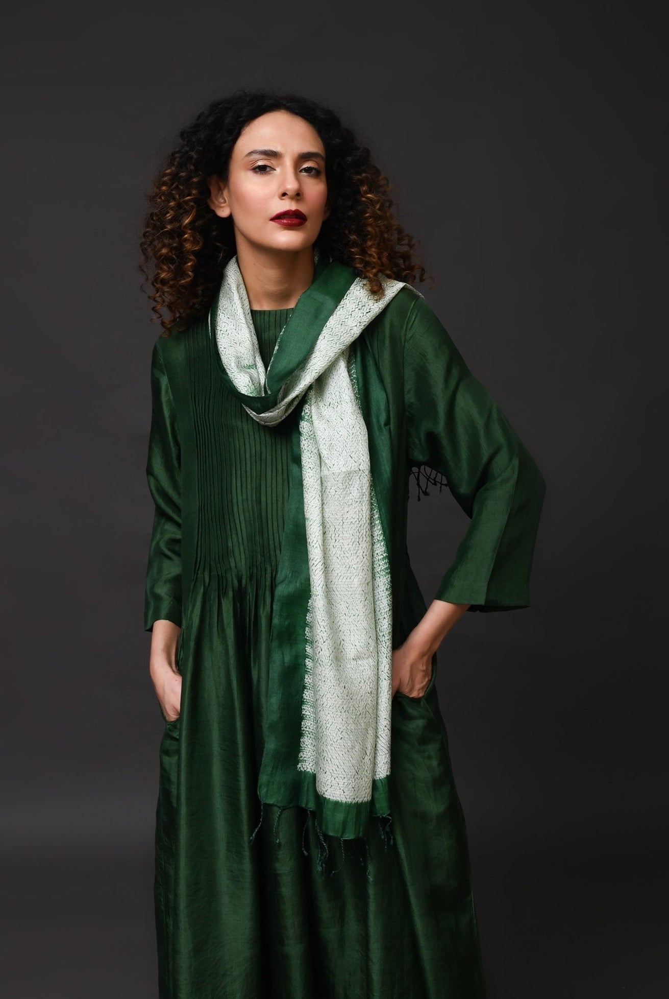 Pintucks Mulberry Silk Dress - Moss Green - CiceroniDressesHiranya
