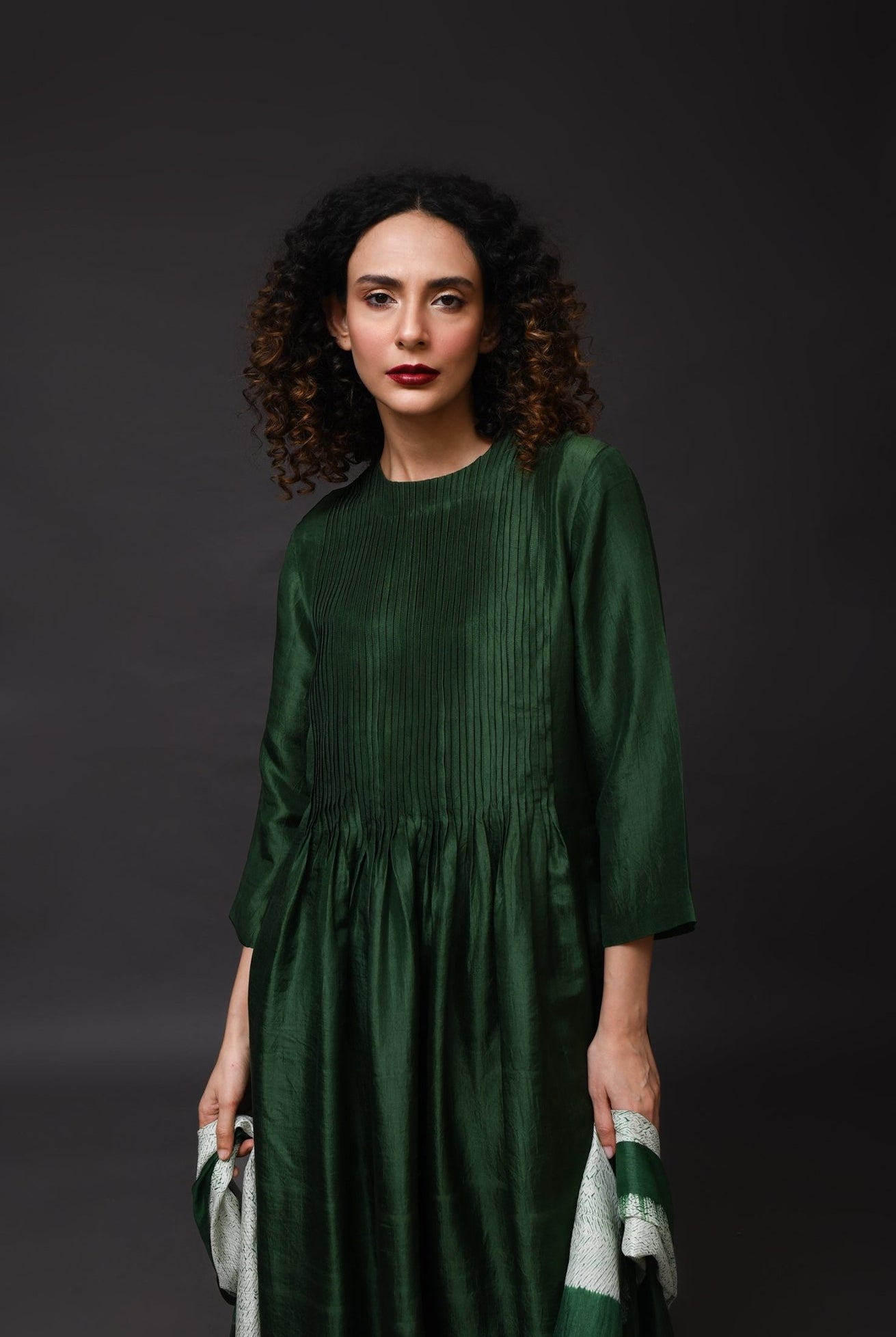 Pintucks Mulberry Silk Dress - Moss Green - CiceroniDressesHiranya