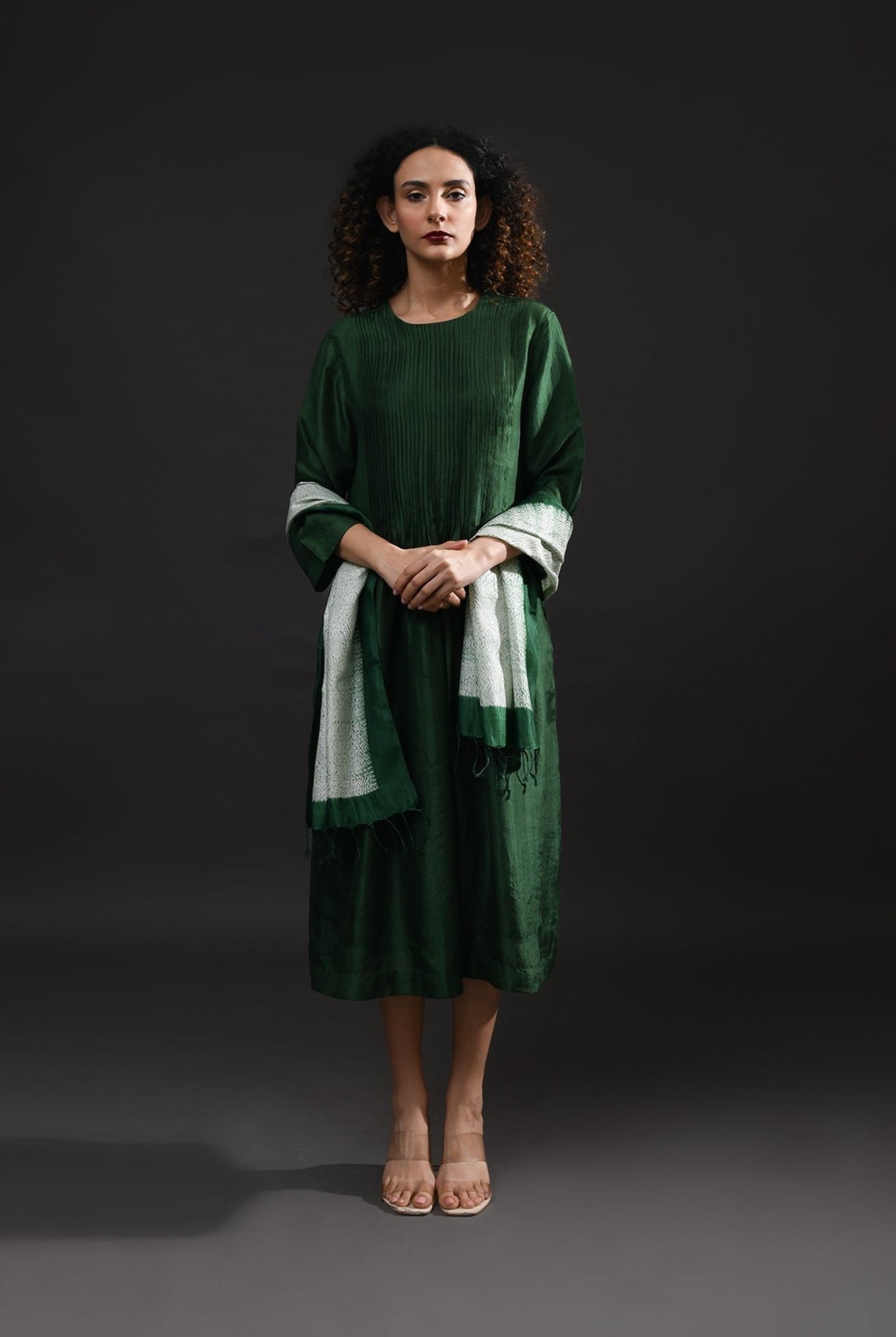 Pintucks Mulberry Silk Dress - Moss Green - CiceroniDressesHiranya