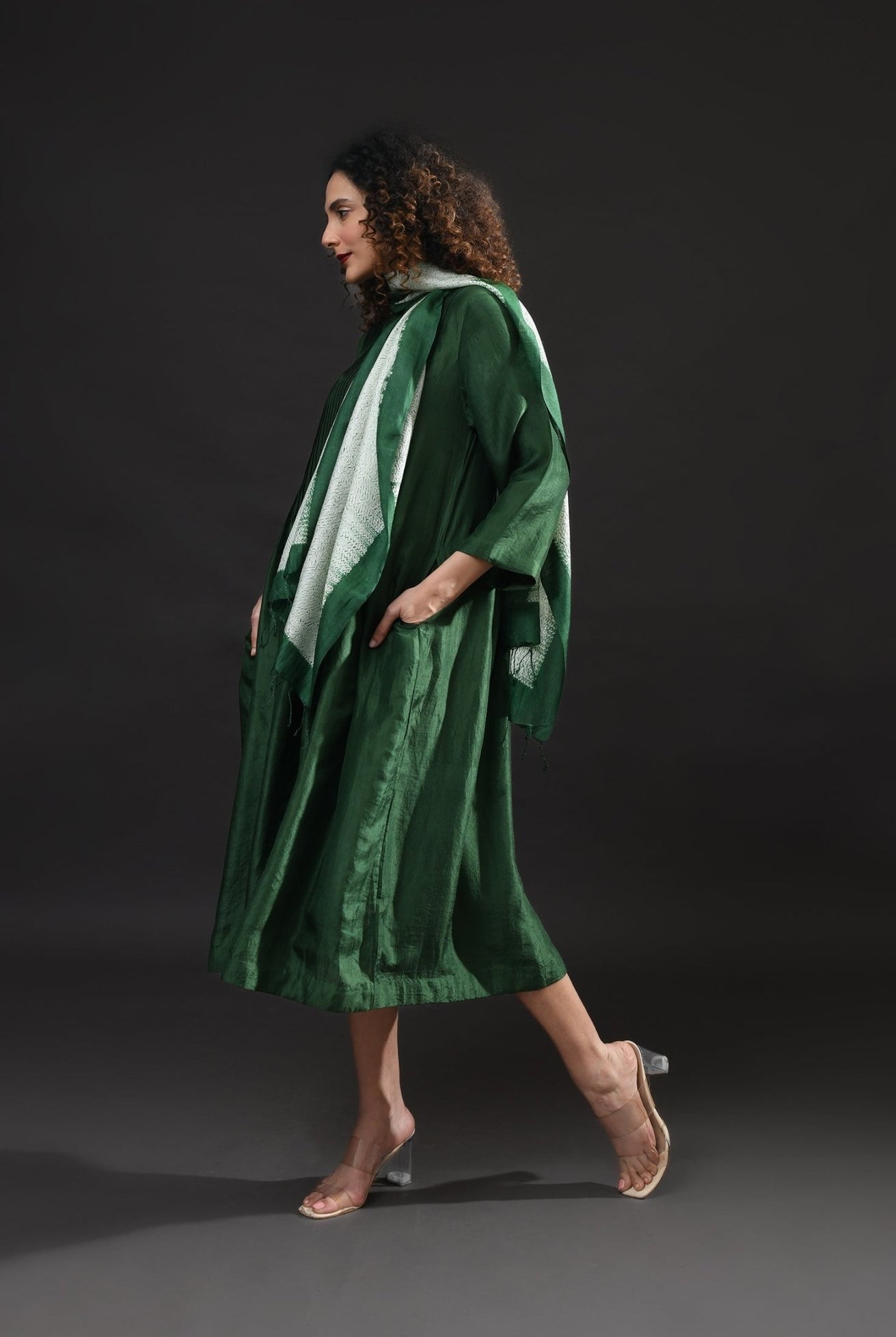 Pintucks Mulberry Silk Dress - Moss Green - CiceroniDressesHiranya