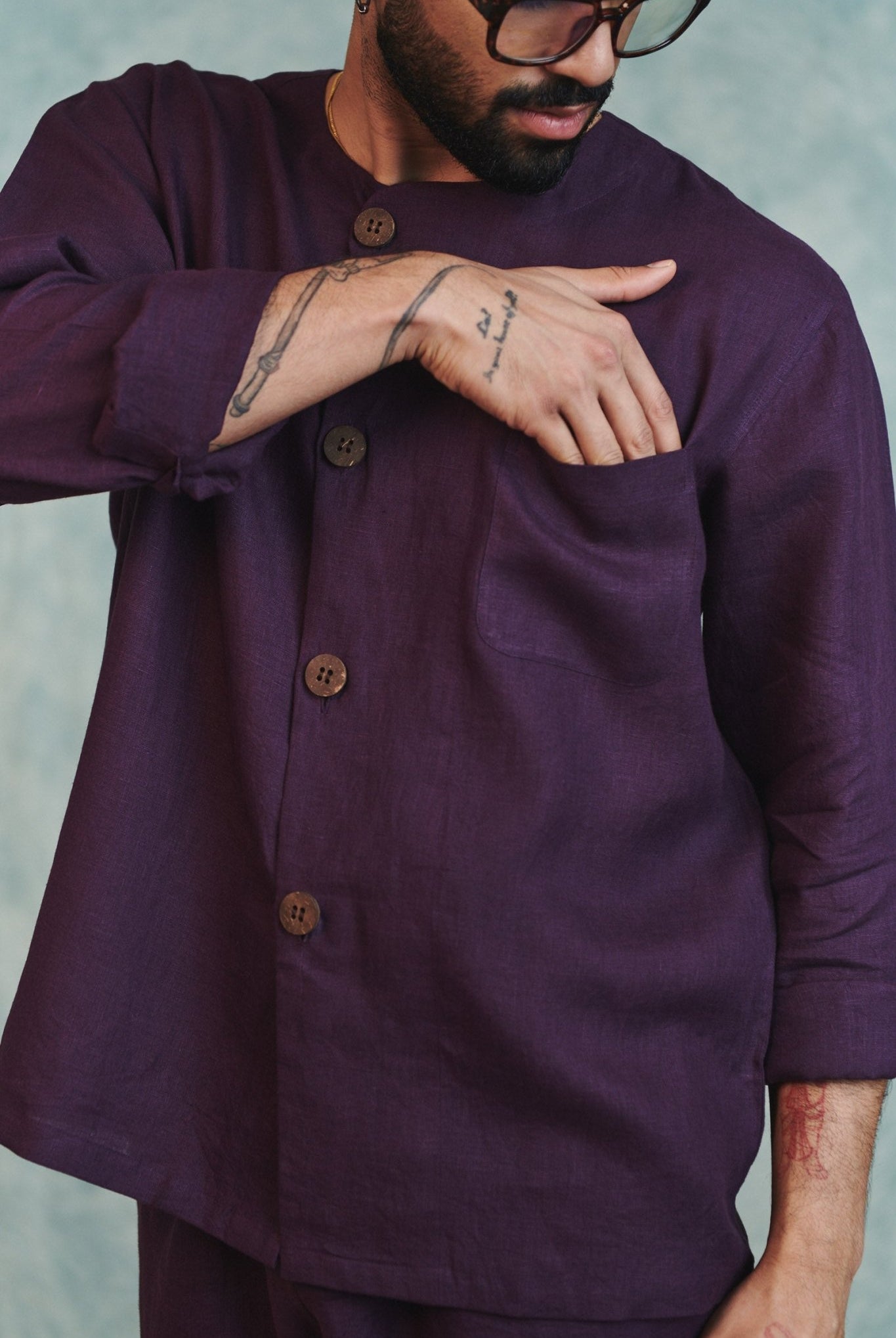Plum Linen Men's Round Neck Shirt Set - CiceroniCo - ord SetSaphed