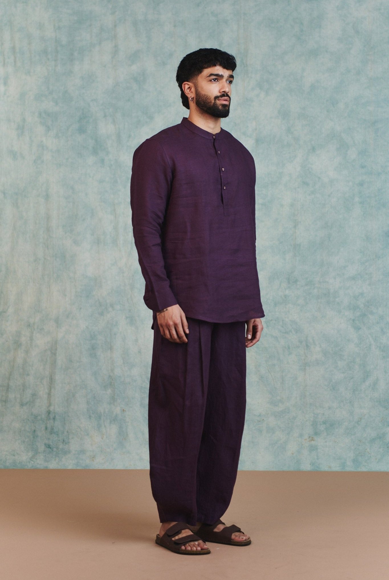Plum Linen Men's Shirt Kurta & Barrel Pants Set - CiceroniKurta SetSaphed