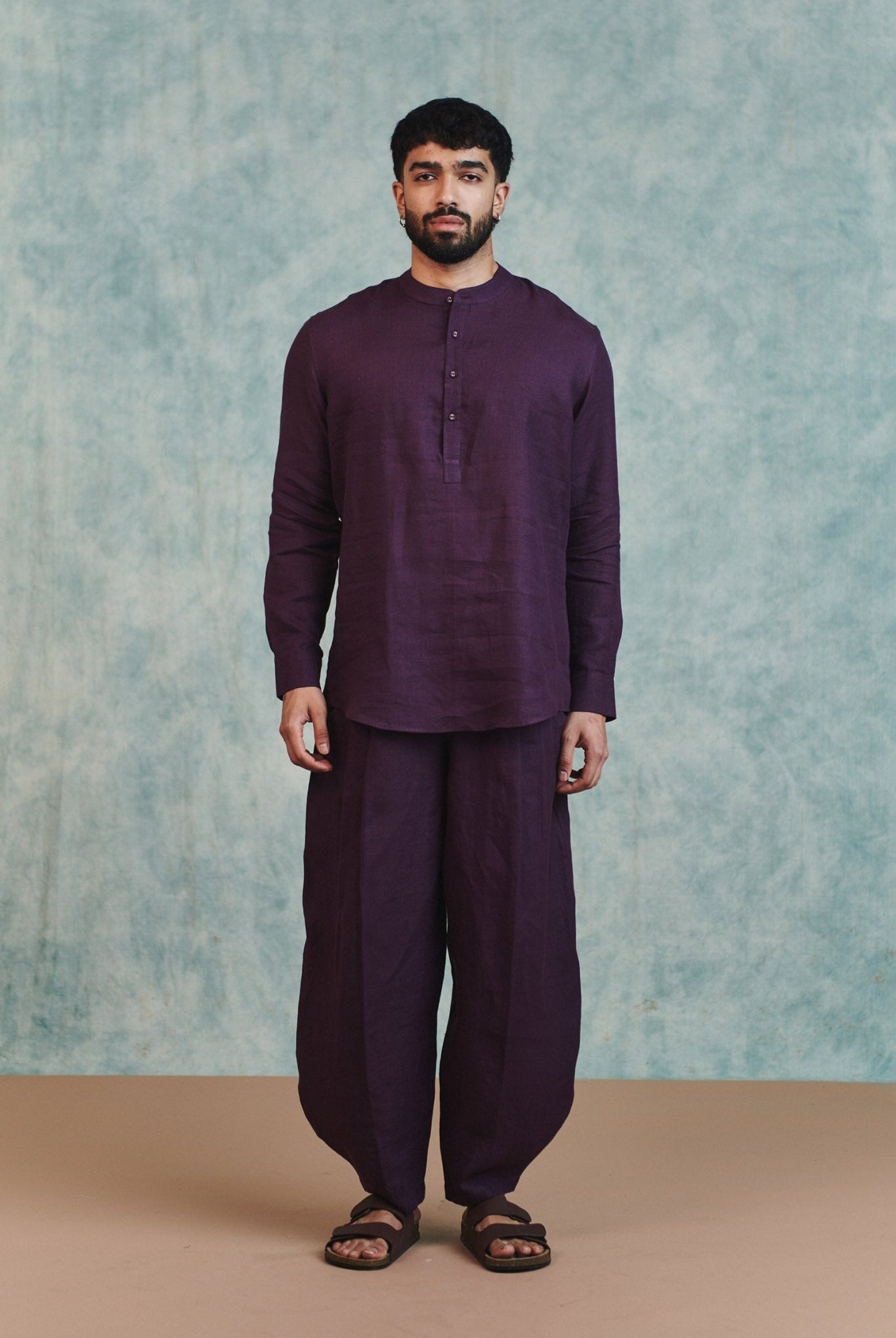 Plum Linen Men's Shirt Kurta & Barrel Pants Set - CiceroniKurta SetSaphed
