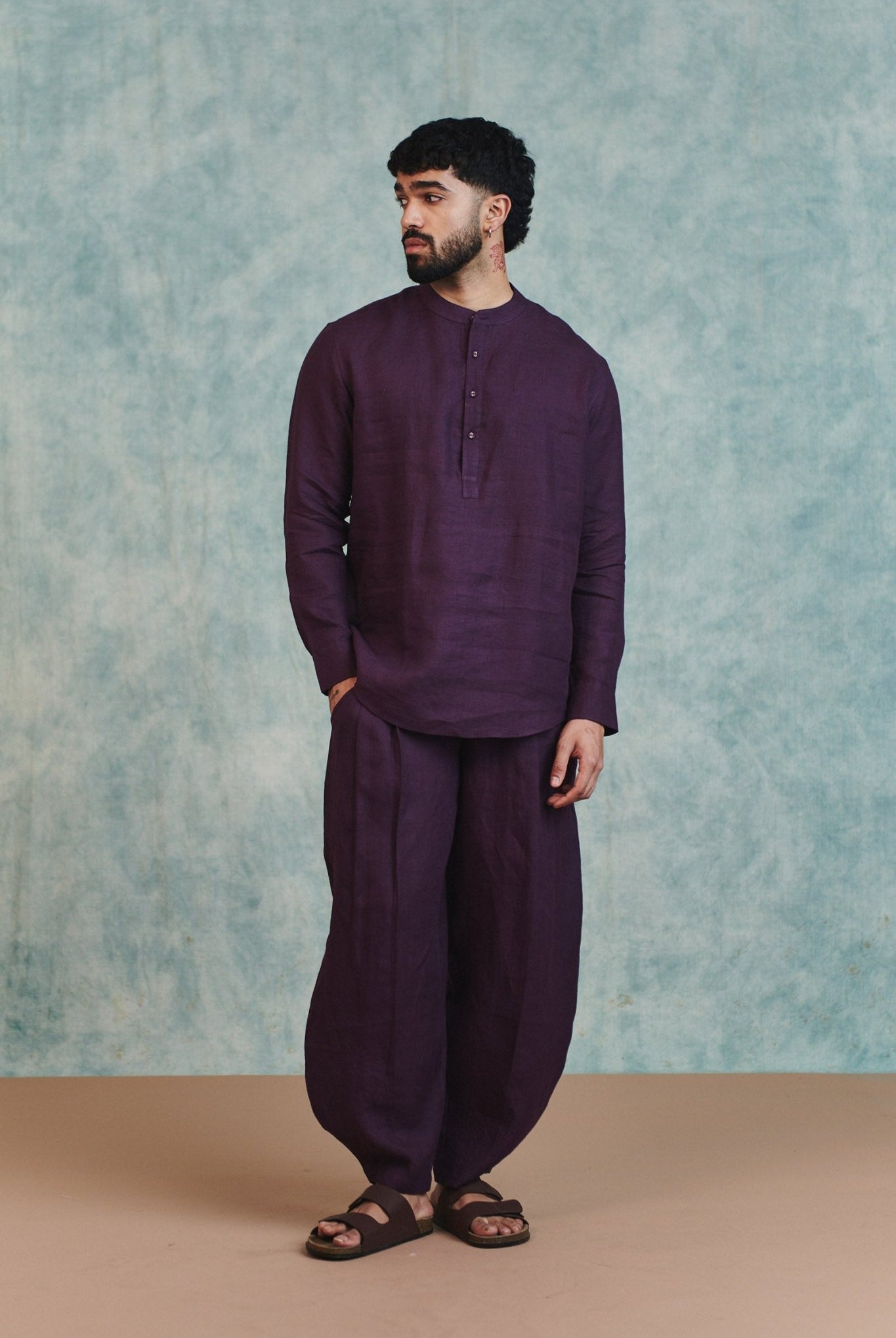 Plum Linen Men's Shirt Kurta & Barrel Pants Set - CiceroniKurta SetSaphed