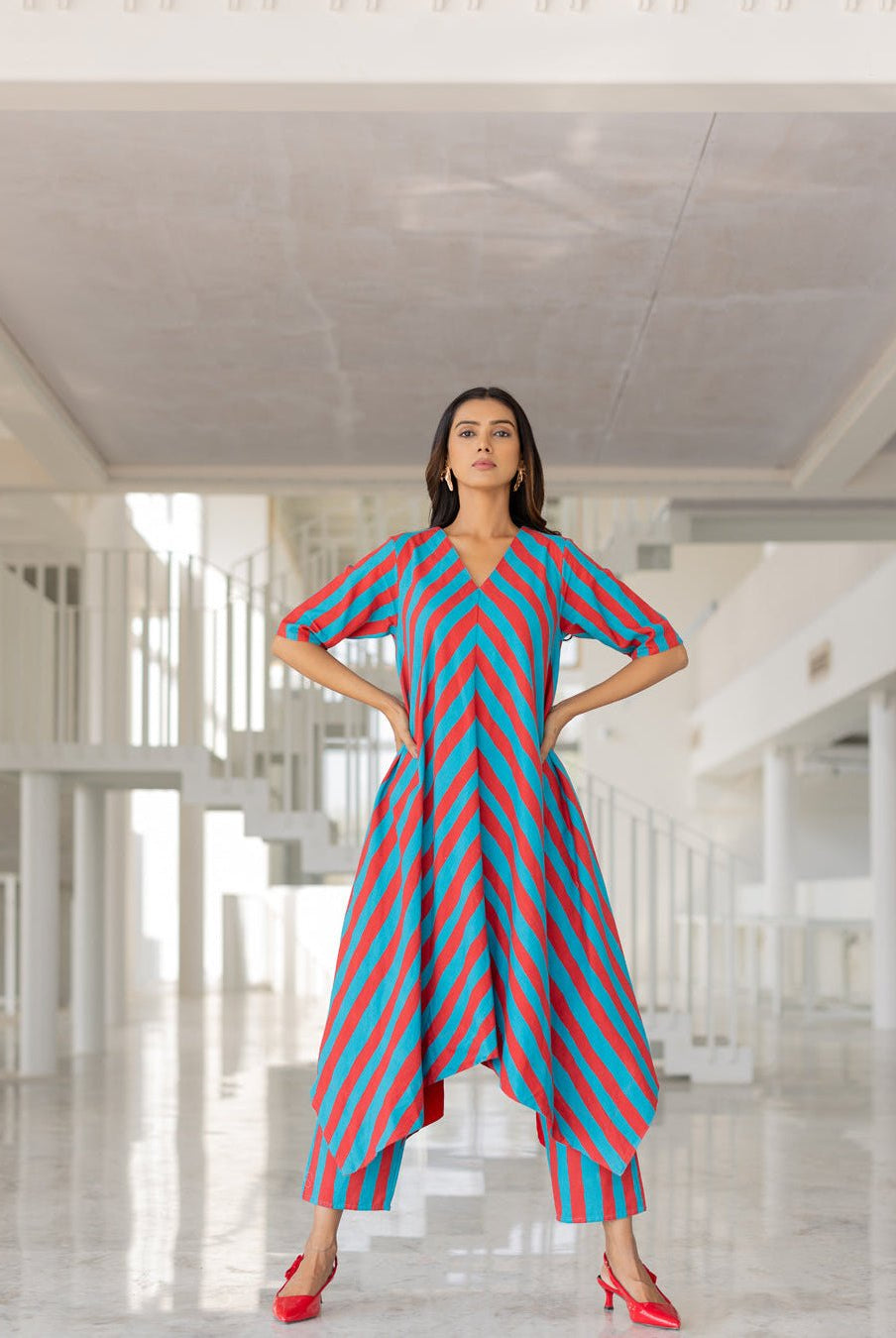 Poppy and Blue Stripe Kurta Set - CiceroniKurta Set, Everyday WearSilai Studio