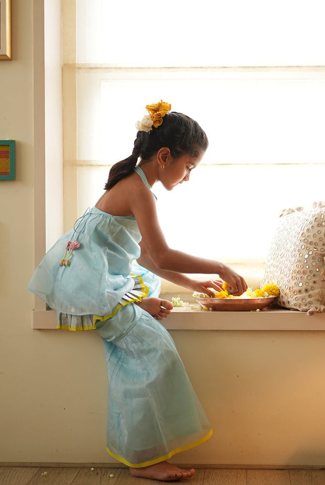 Poppy sharara kurta set in light blue and yellow - CiceroniKurta Set, Festive WearLove The World Today