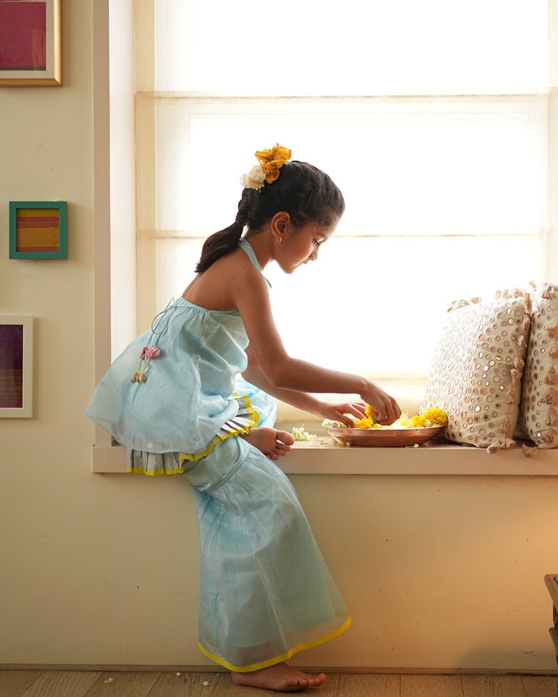 Poppy sharara kurta set in light blue and yellow - CiceroniKurta Set, Festive WearLove The World Today