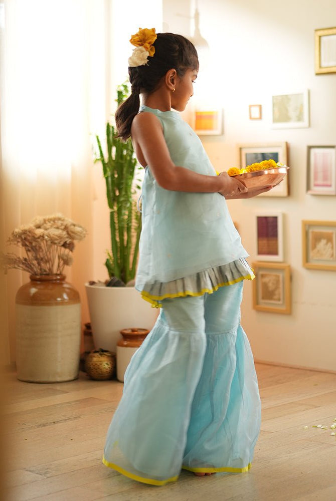 Poppy sharara kurta set in light blue and yellow - CiceroniKurta Set, Festive WearLove The World Today