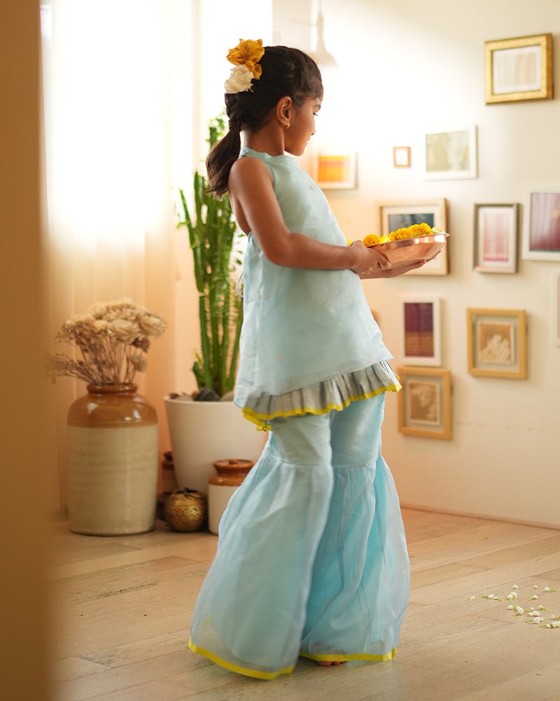 Poppy sharara kurta set in light blue and yellow - CiceroniKurta Set, Festive WearLove The World Today