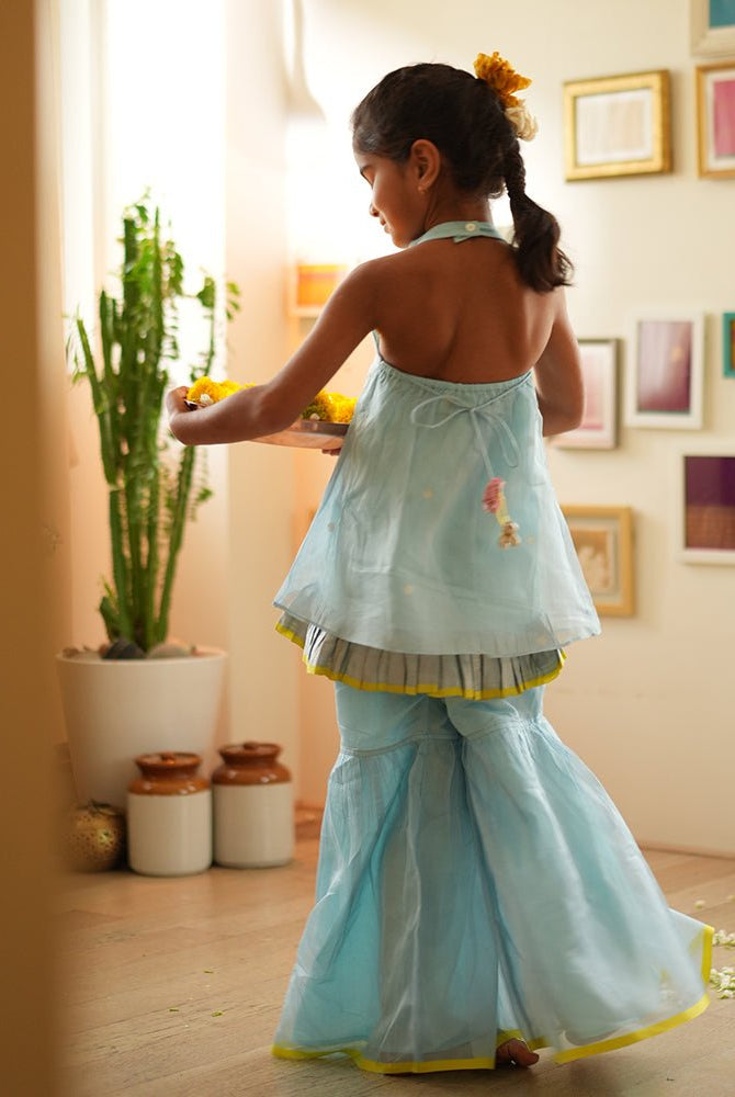 Poppy sharara kurta set in light blue and yellow - CiceroniKurta Set, Festive WearLove The World Today