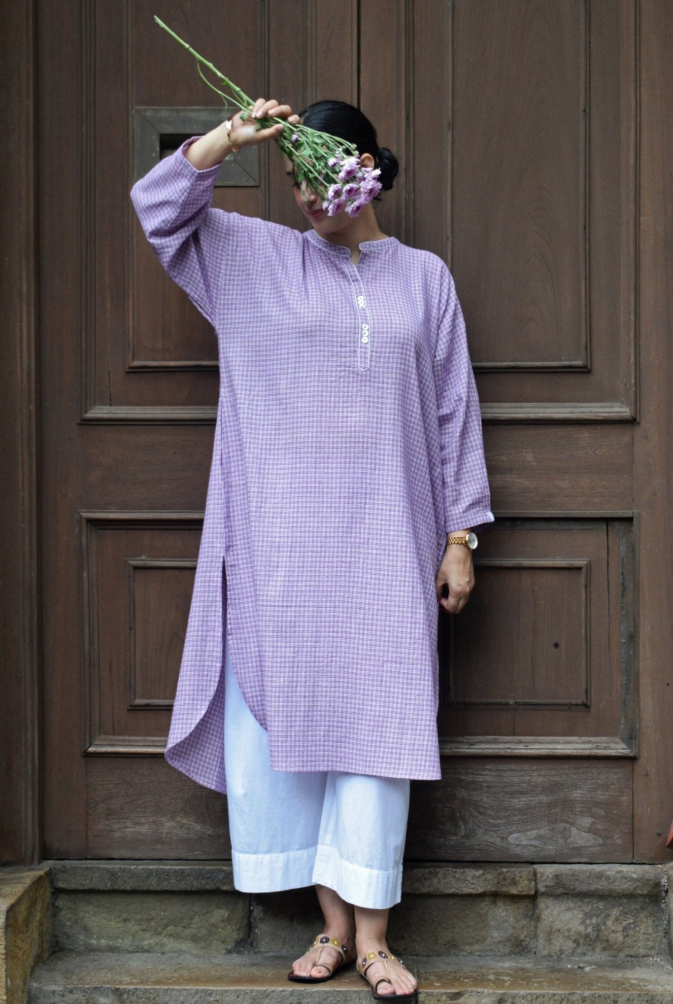 Purple Checks Antifit kurta in Handwoven Cotton and White pyjama - CiceroniKurta Set, Everyday WearHouse of Moxa