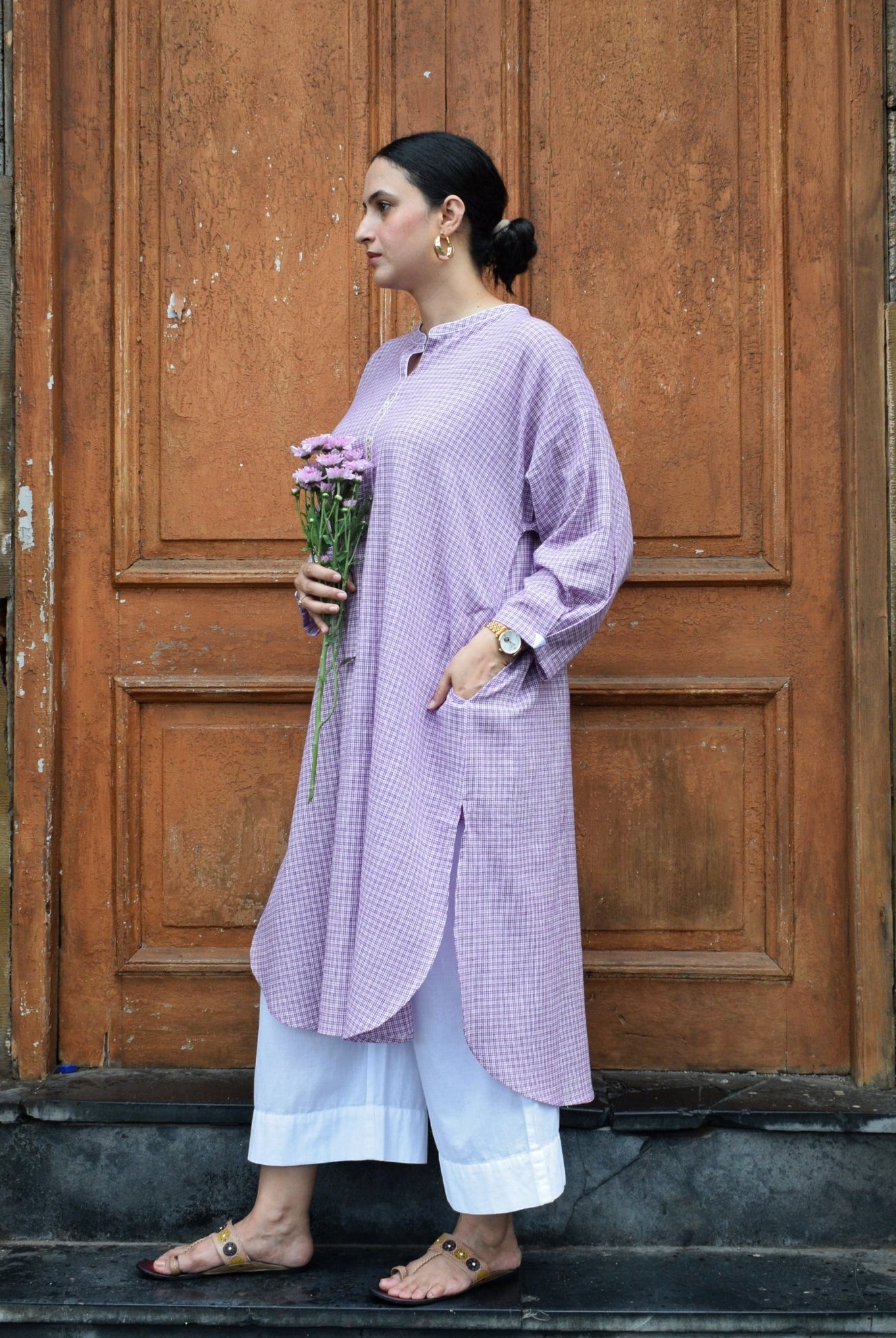 Purple Checks Antifit kurta in Handwoven Cotton and White pyjama - CiceroniKurta Set, Everyday WearHouse of Moxa