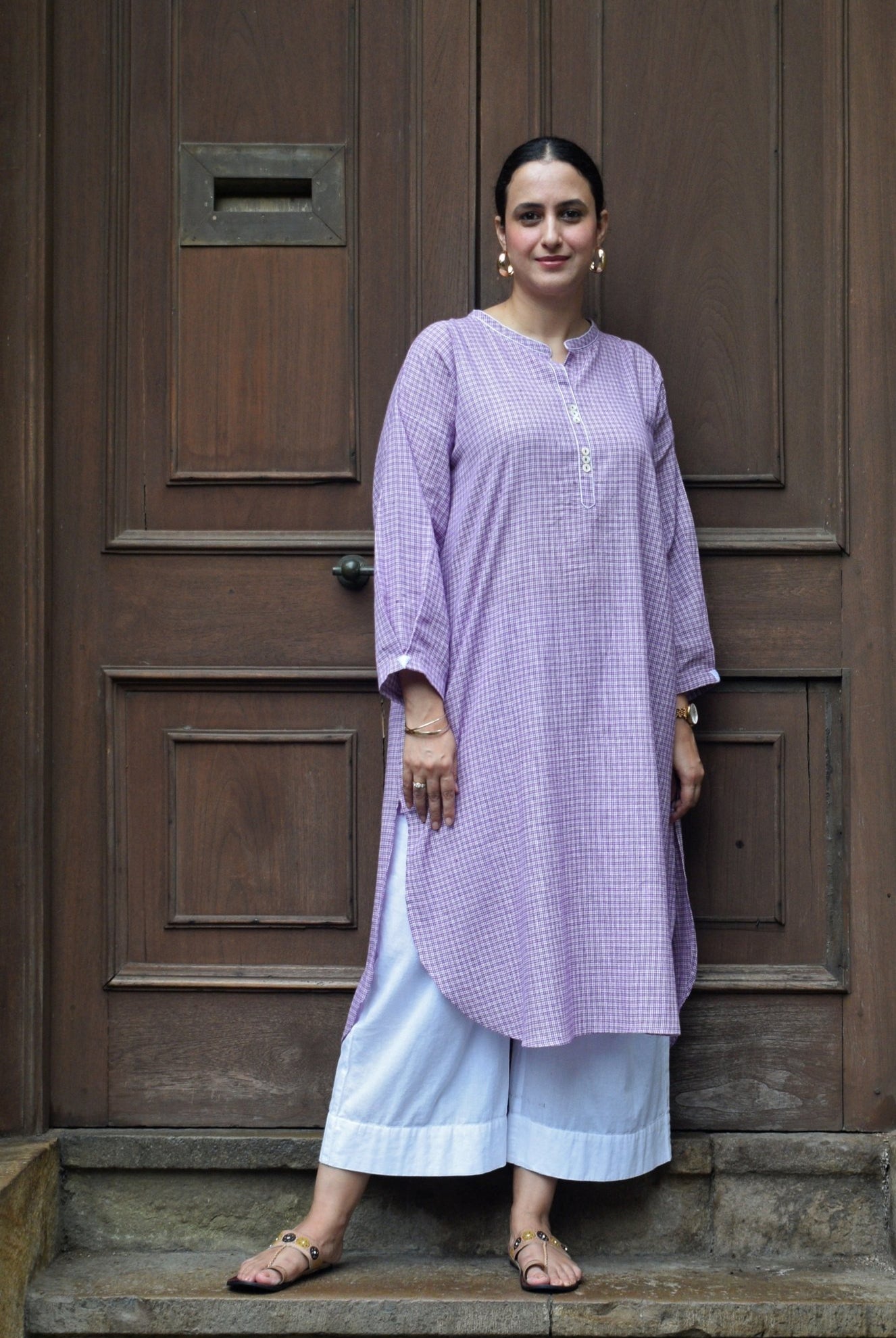 Purple Checks Antifit kurta in Handwoven Cotton and White pyjama - CiceroniKurta Set, Everyday WearHouse of Moxa