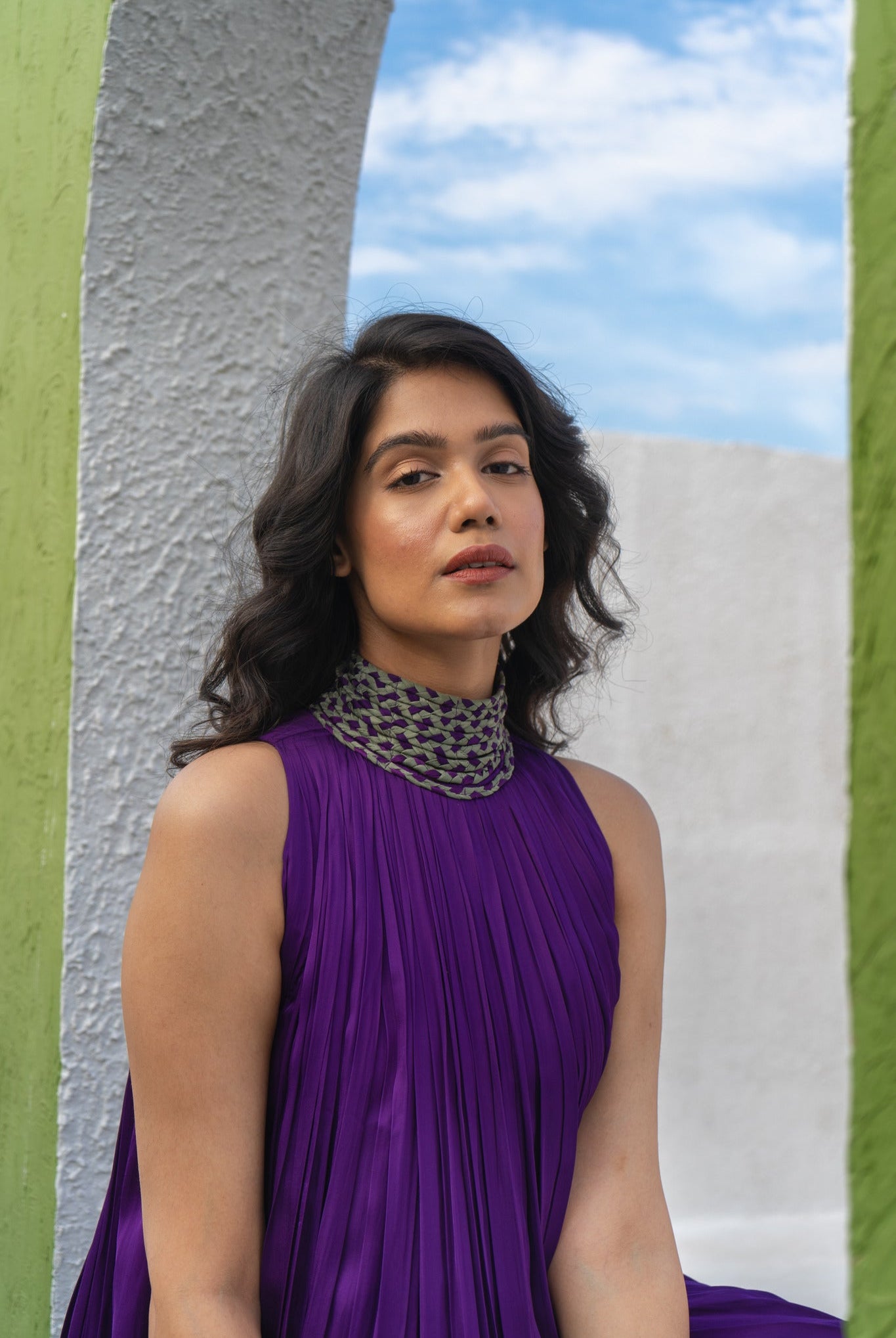 Purple - Green Braided Halter Neck Gather Gown - CiceroniDressesNeora