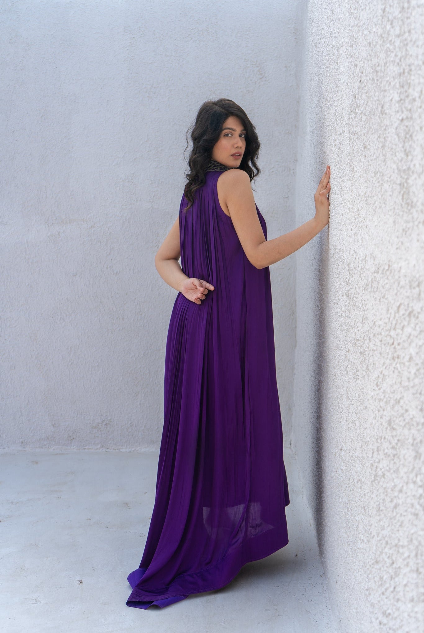 Purple - Green Braided Halter Neck Gather Gown - CiceroniDressesNeora