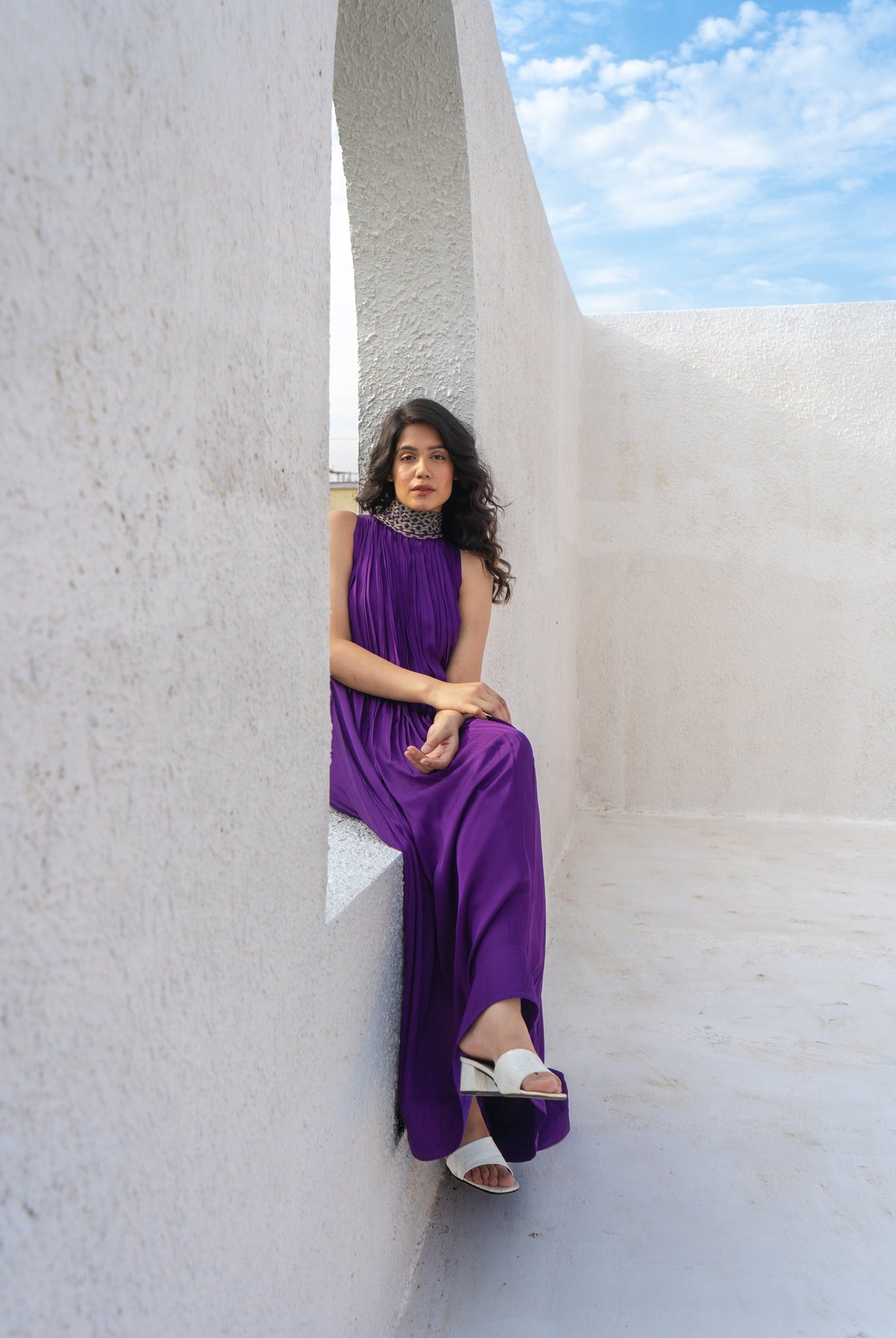 Purple - Green Braided Halter Neck Gather Gown - CiceroniDressesNeora