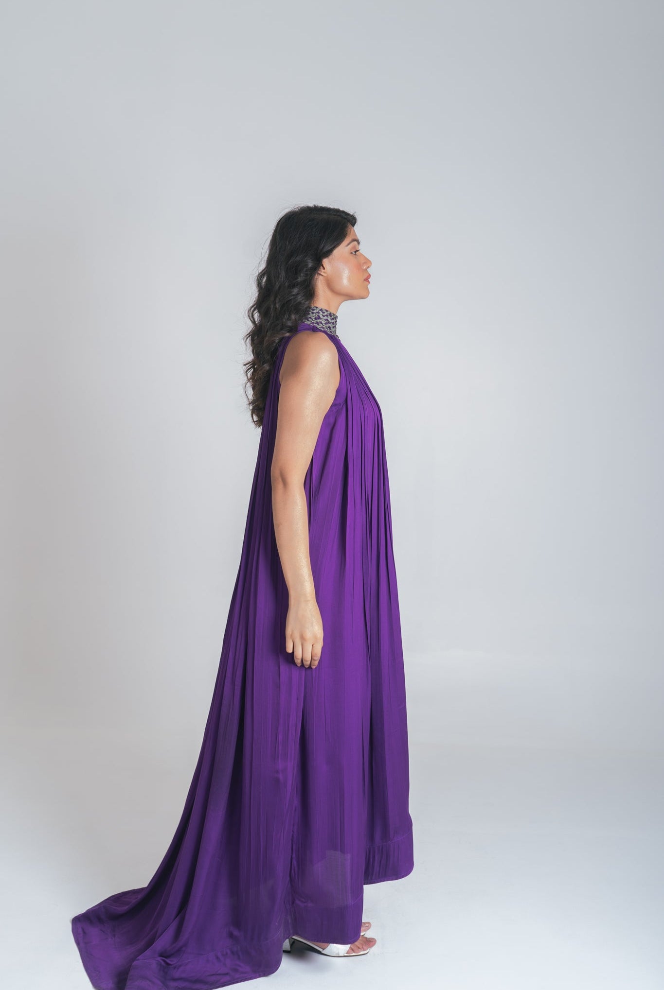 Purple - Green Braided Halter Neck Gather Gown - CiceroniDressesNeora