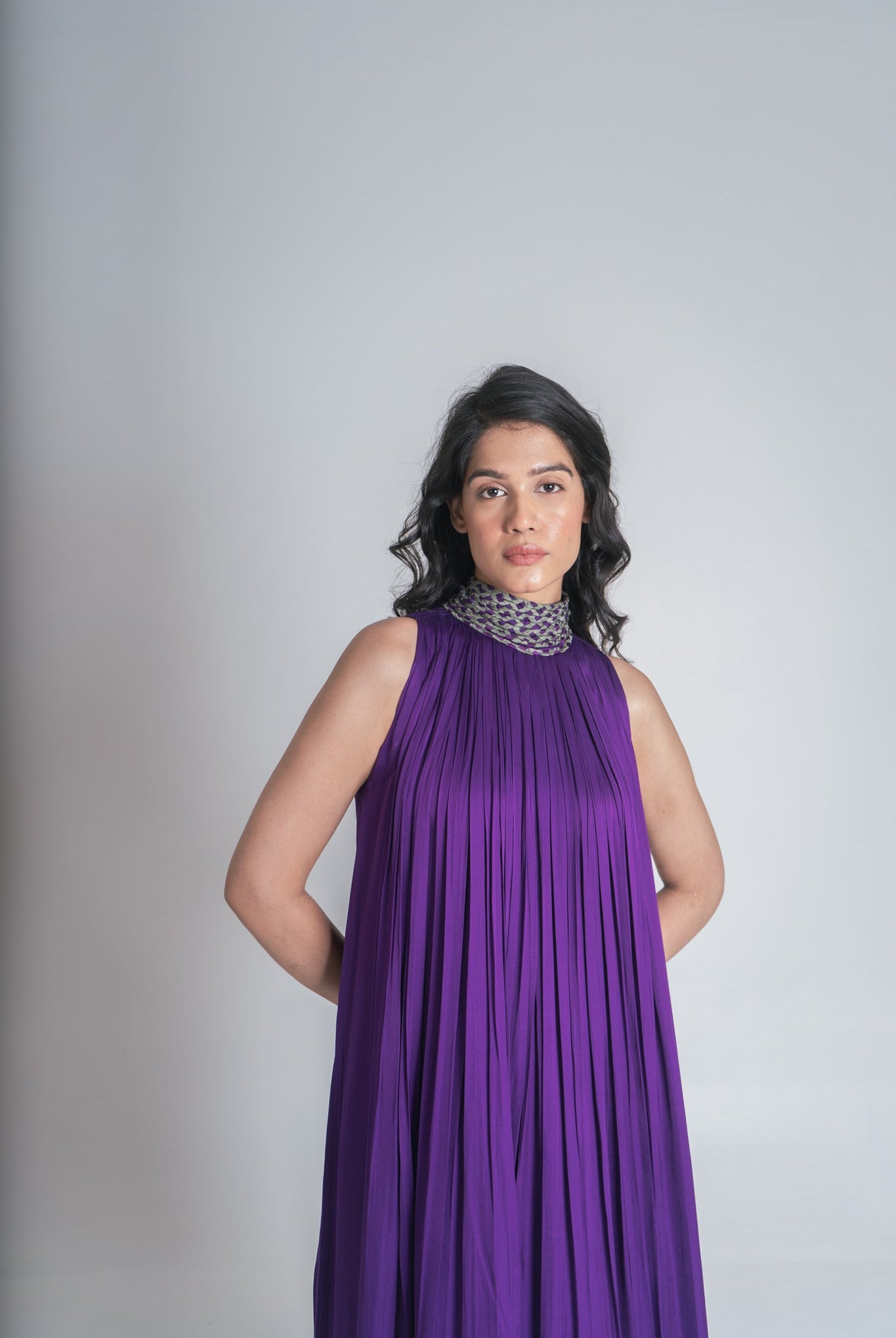 Purple - Green Braided Halter Neck Gather Gown - CiceroniDressesNeora