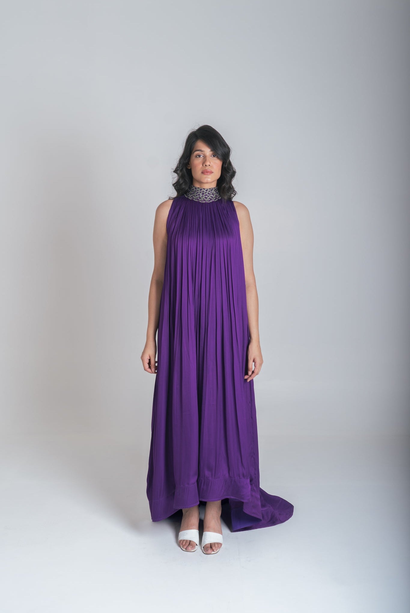 Purple - Green Braided Halter Neck Gather Gown - CiceroniDressesNeora
