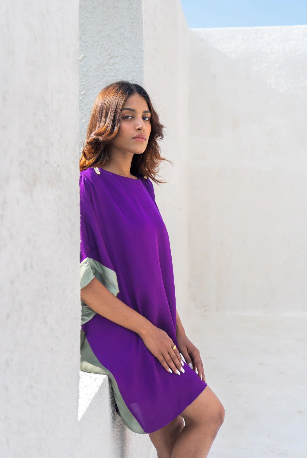 Purple - Green Short Kaftan Dress - CiceroniDressesNeora