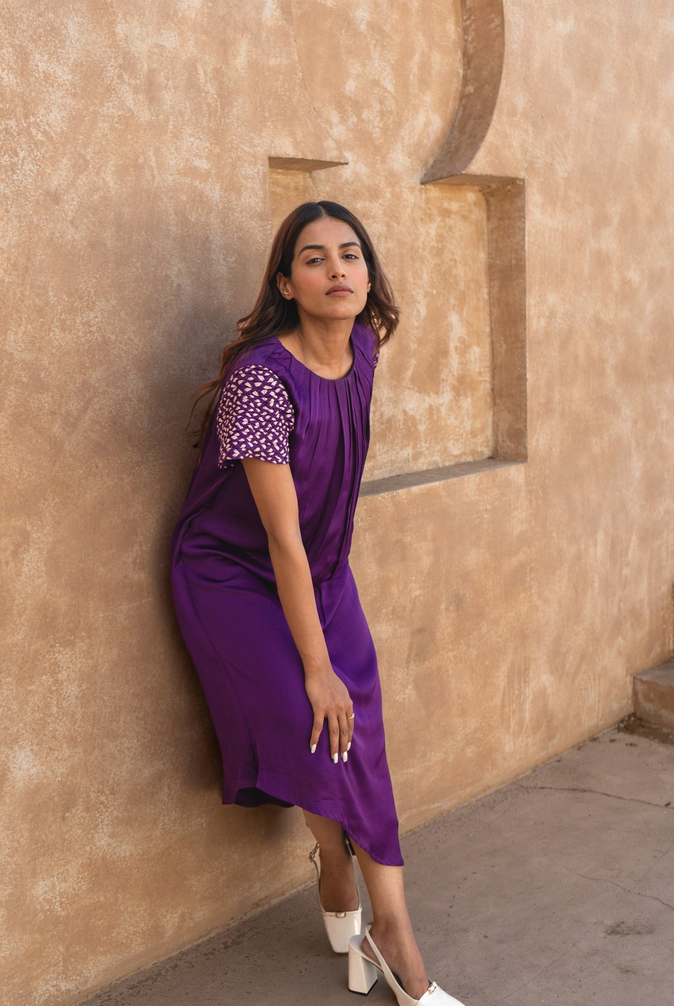 Purple - Pink Braided Sleeve Midi Dress - CiceroniDressesNeora