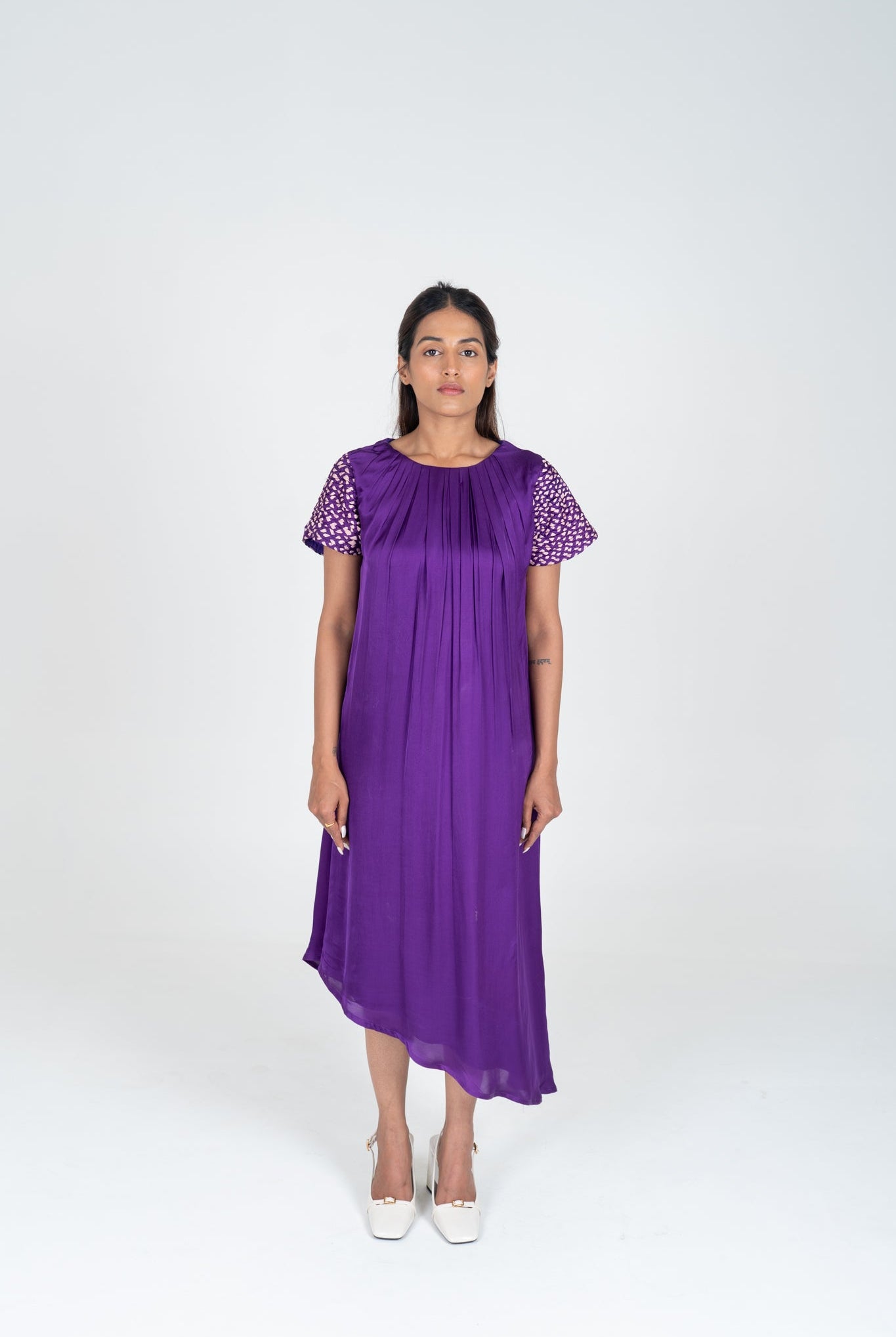 Purple - Pink Braided Sleeve Midi Dress - CiceroniDressesNeora