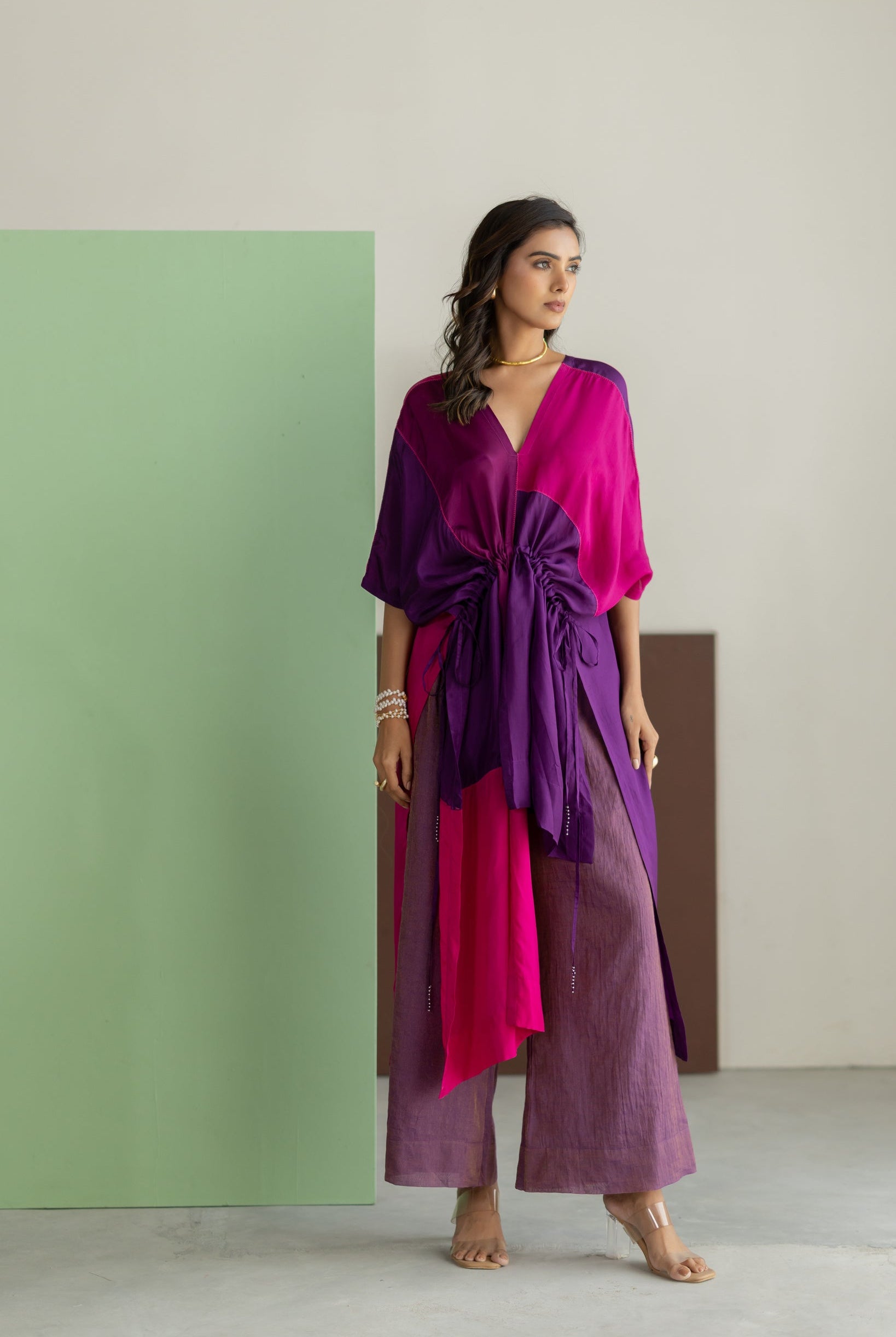 Purple, Pink Color Block Kaftan Set - CiceroniKurta Set, Festive WearTussah