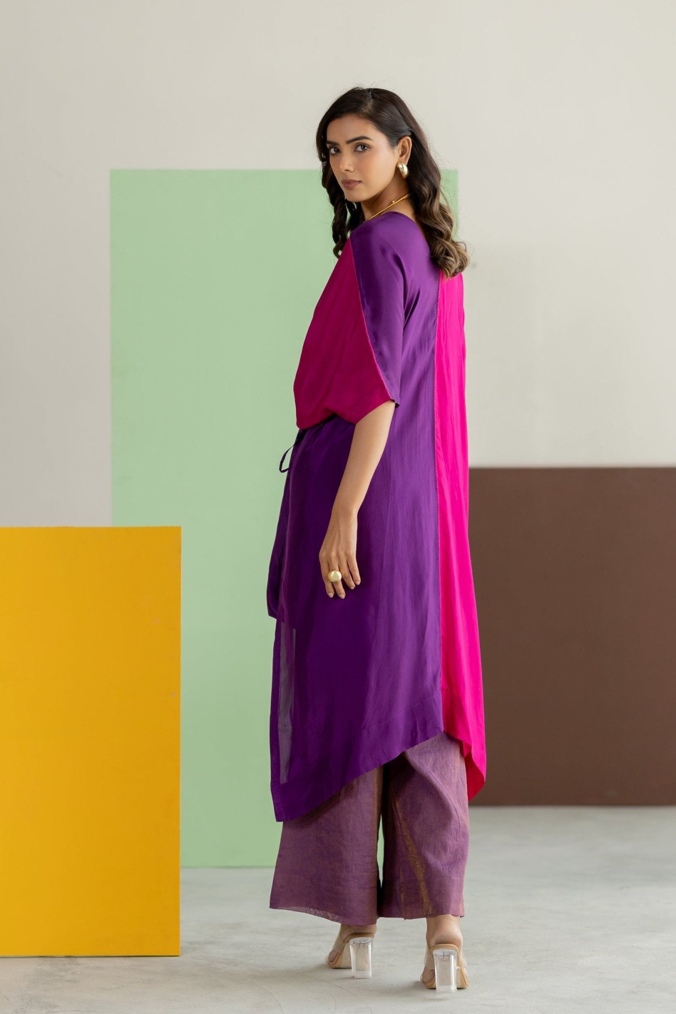 Purple, Pink Color Block Kaftan Set - CiceroniKurta Set, Festive WearTussah