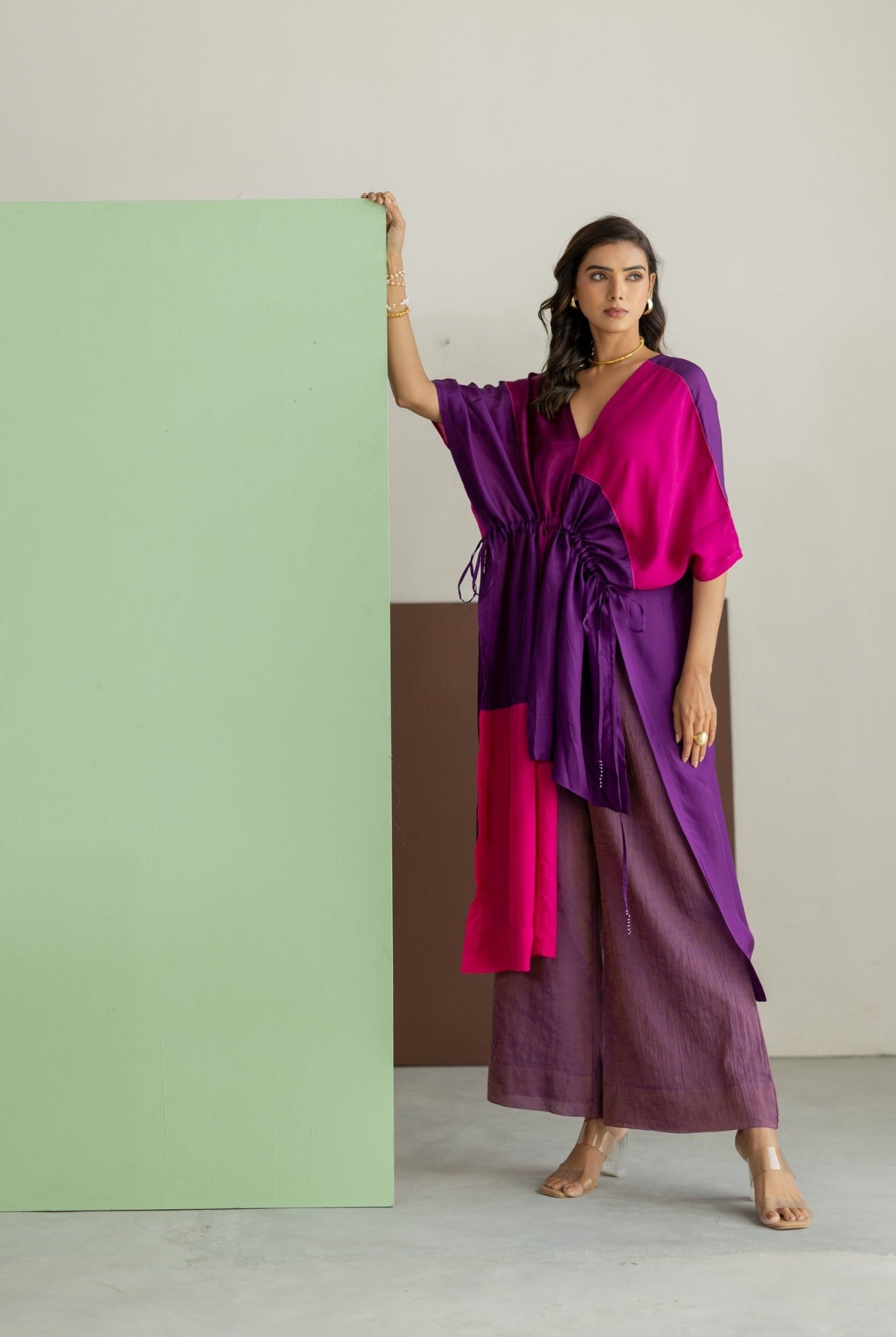 Purple, Pink Color Block Kaftan Set - CiceroniKurta Set, Festive WearTussah