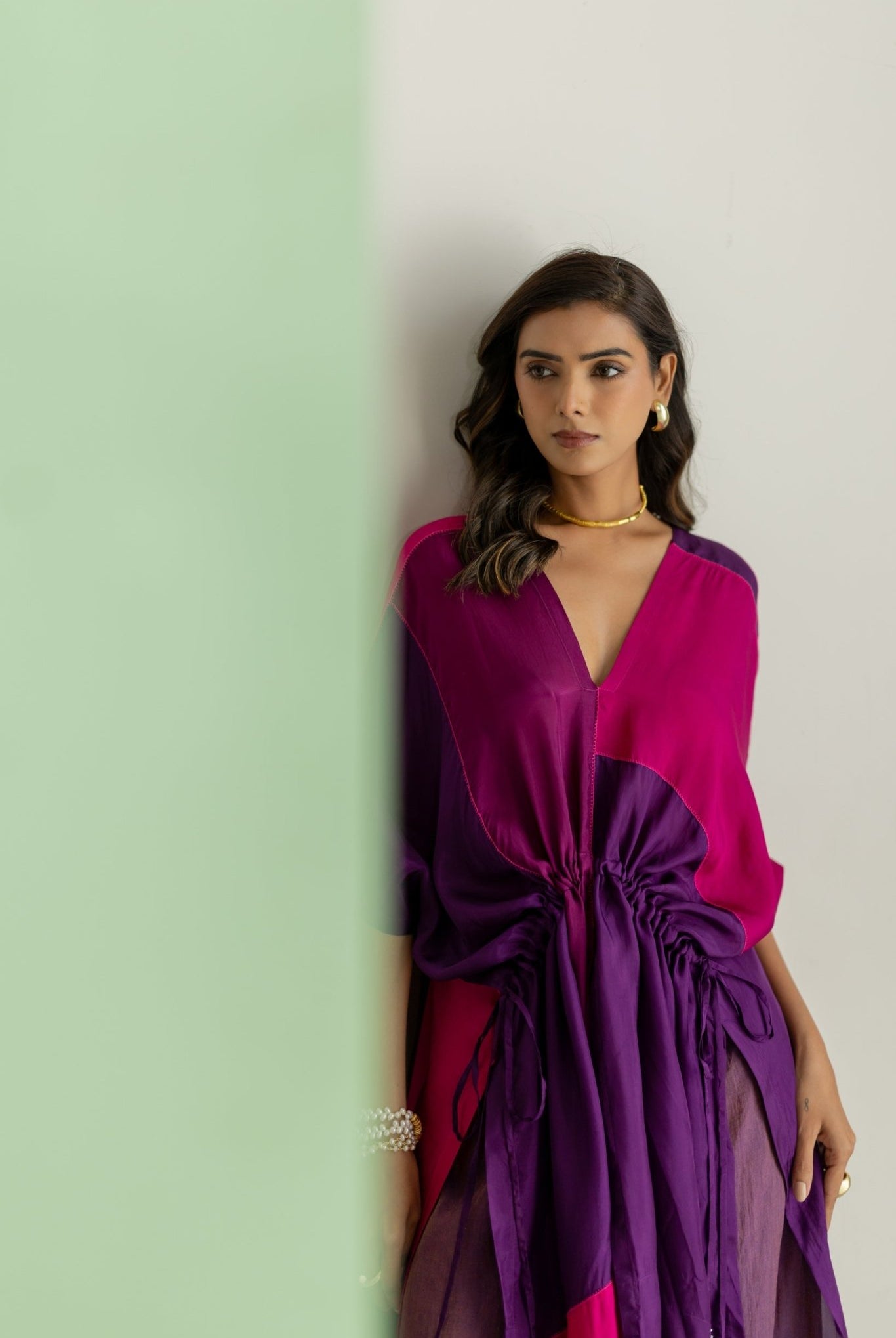 Purple, Pink Color Block Kaftan Set - CiceroniKurta Set, Festive WearTussah