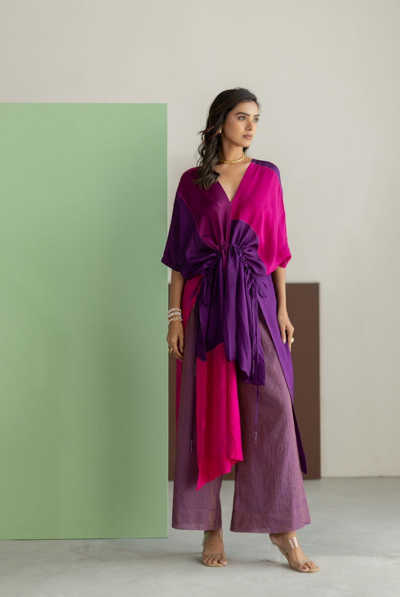 Purple, Pink Color Block Kaftan Set - CiceroniKurta Set, Festive WearTussah