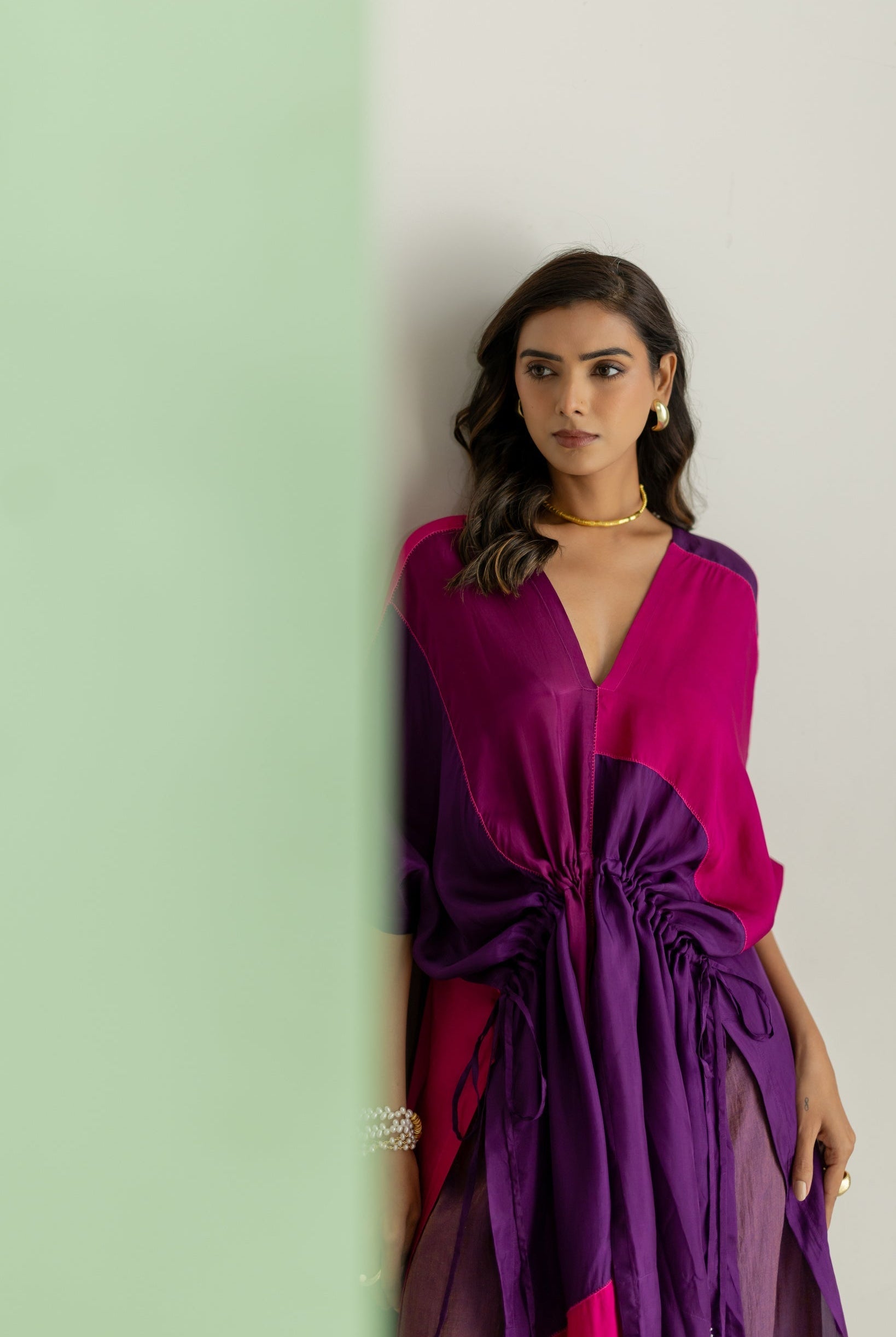 Purple, Pink Color Block Kaftan Set - CiceroniKurta Set, Festive WearTussah