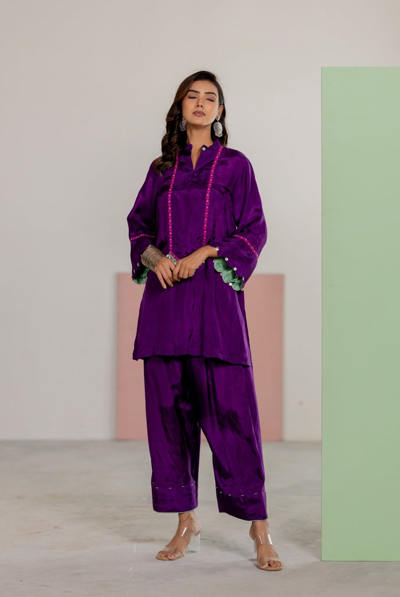 Purple Top & Salwar Set - CiceroniKurta Set, Festive WearTussah