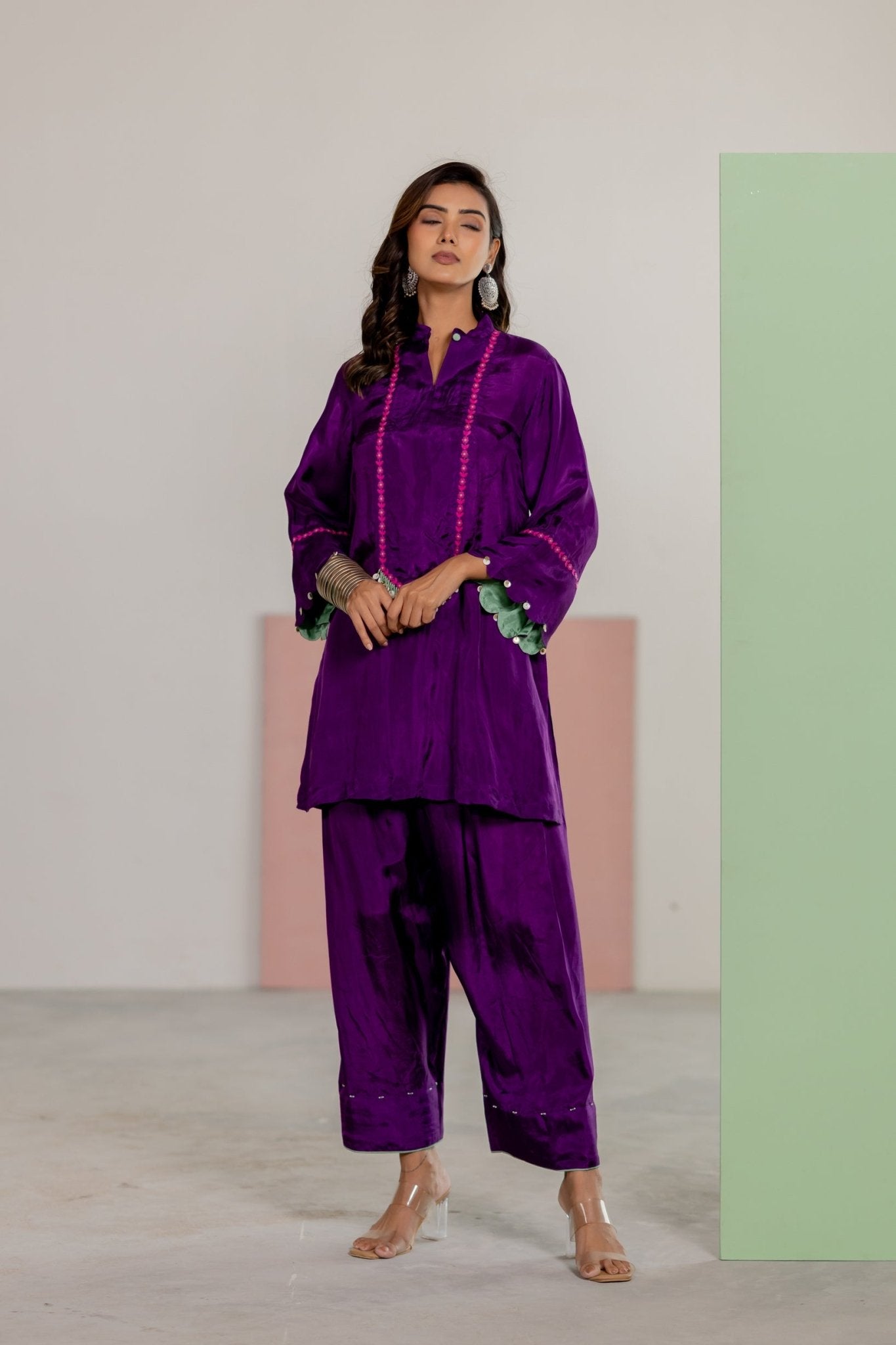 Purple Top & Salwar Set - CiceroniKurta Set, Festive WearTussah
