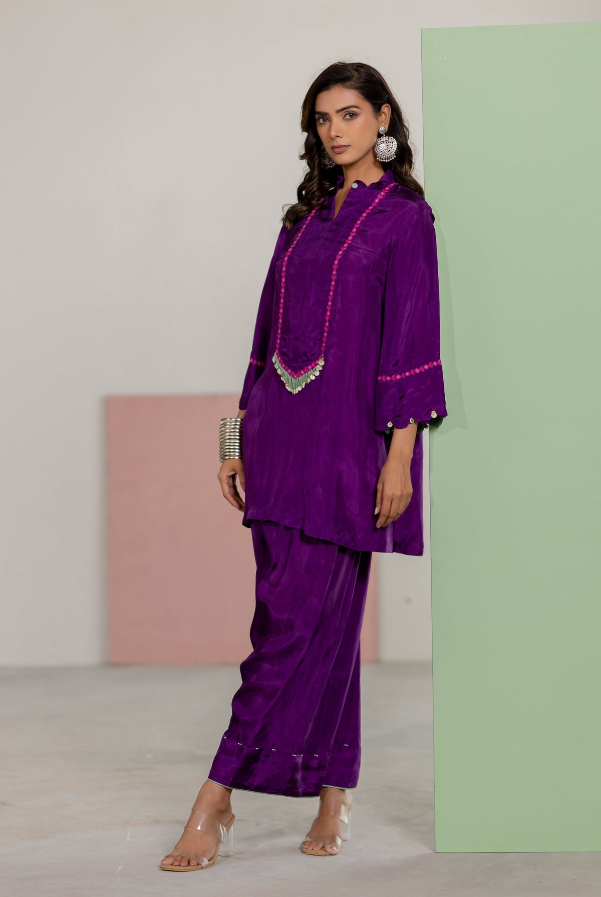 Purple Top & Salwar Set - CiceroniKurta Set, Festive WearTussah