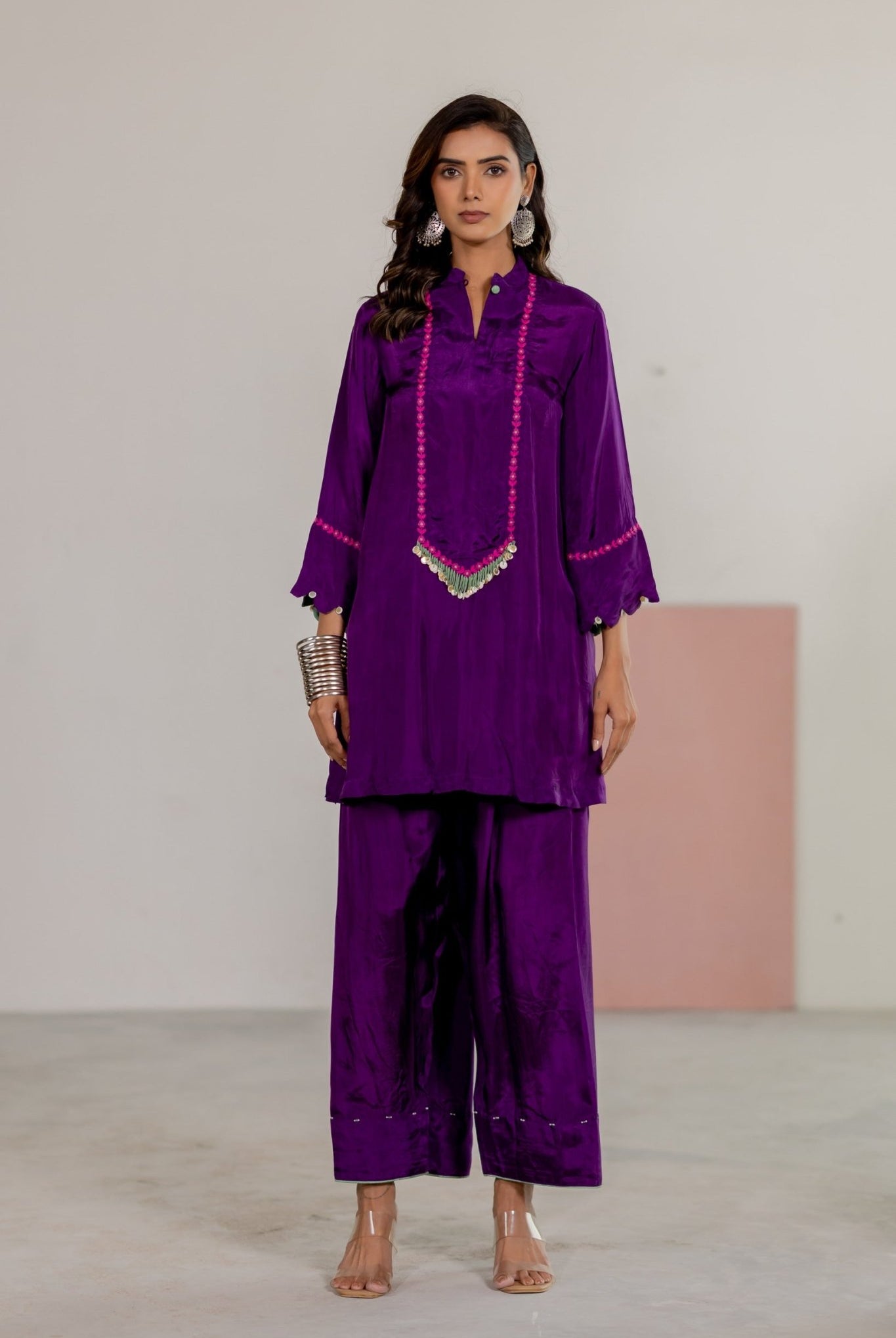 Purple Top & Salwar Set - CiceroniKurta Set, Festive WearTussah