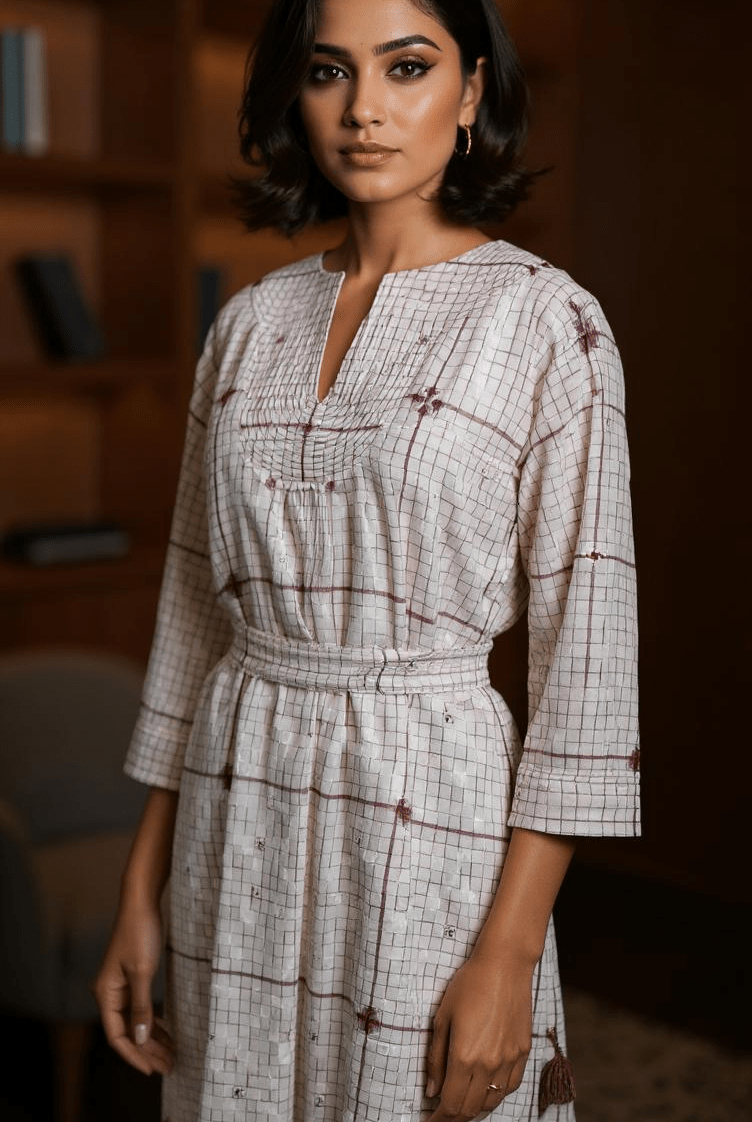 Quilted Dress - White with Purple Checks - CiceroniDressesBhomra