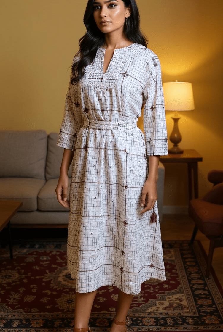 Quilted Dress - White with Purple Checks - CiceroniDressesBhomra