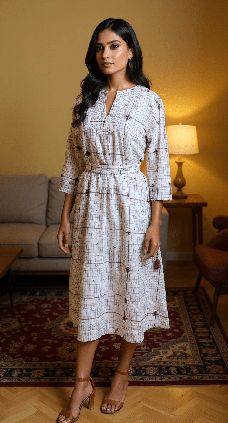 Quilted Dress - White with Purple Checks - CiceroniDressesBhomra