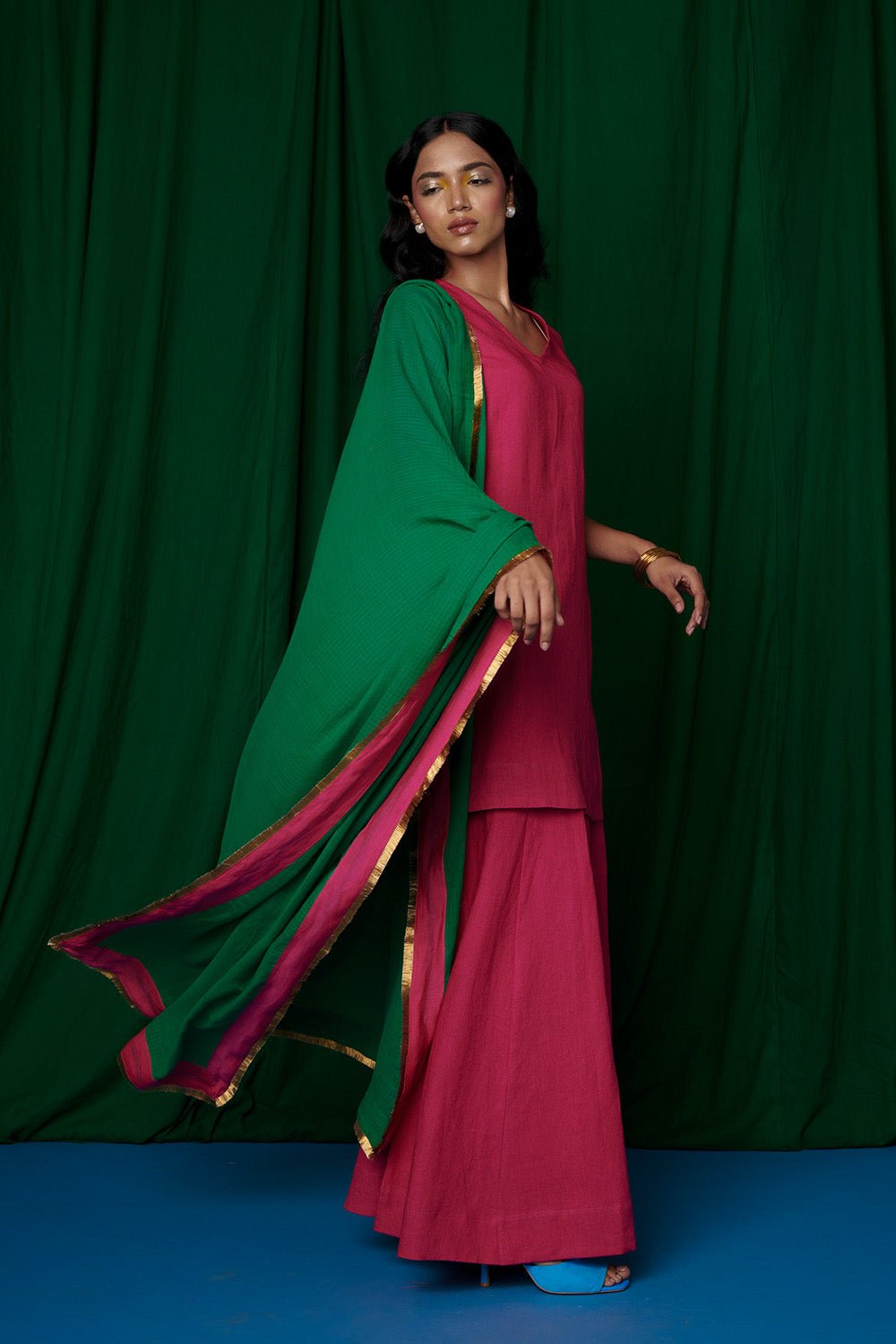 Rani Linen Sharara Set with Dupatta - CiceroniKurta Set, Festive WearSaphed