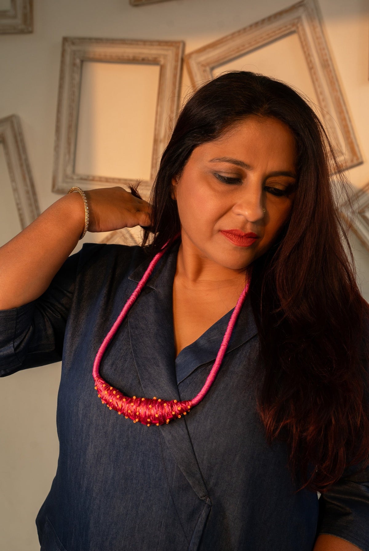Rani Pink Cord Necklace with Coral Wrapped Bib - CiceroniNeckpieceBoundless by Shilpi