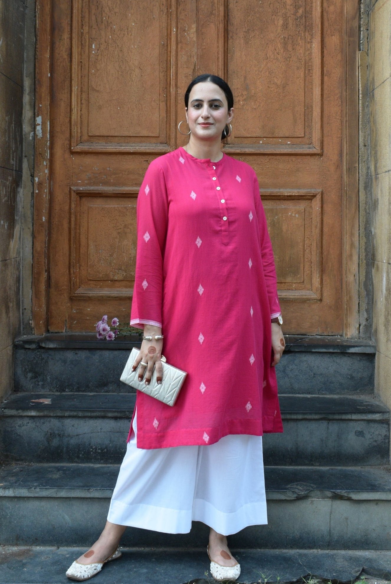 Rani Pink Jamdani Kurta with Placket - CiceroniKurta, Everyday WearHouse of Moxa