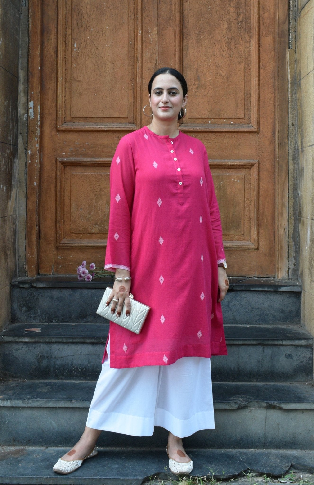 Rani Pink Jamdani Kurta with Placket - CiceroniKurta, Everyday WearHouse of Moxa