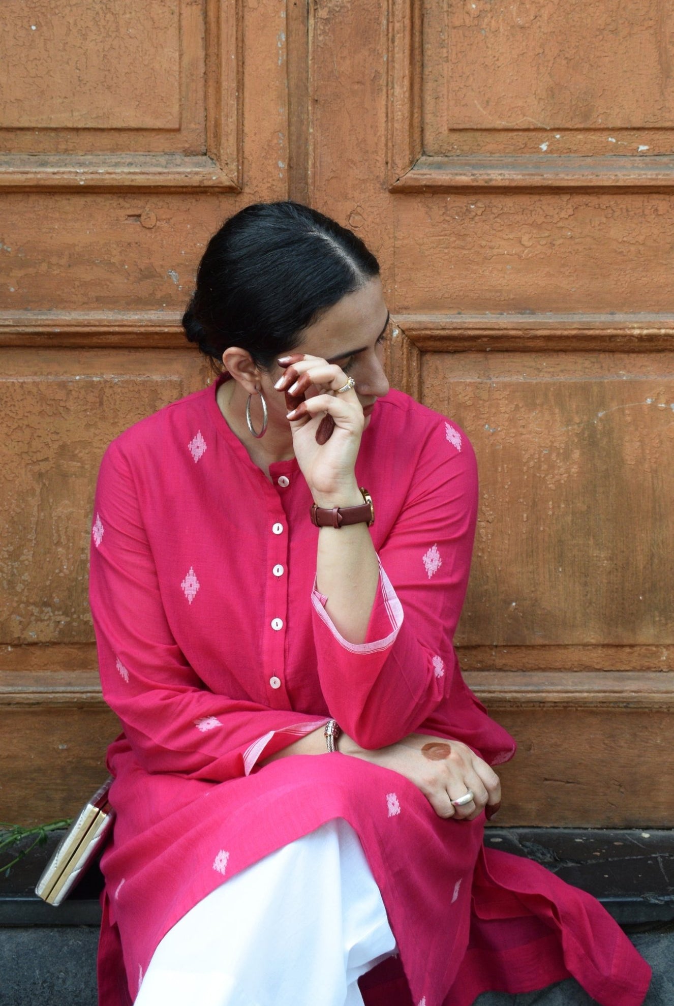 Rani Pink Jamdani Kurta with Placket - CiceroniKurta, Everyday WearHouse of Moxa