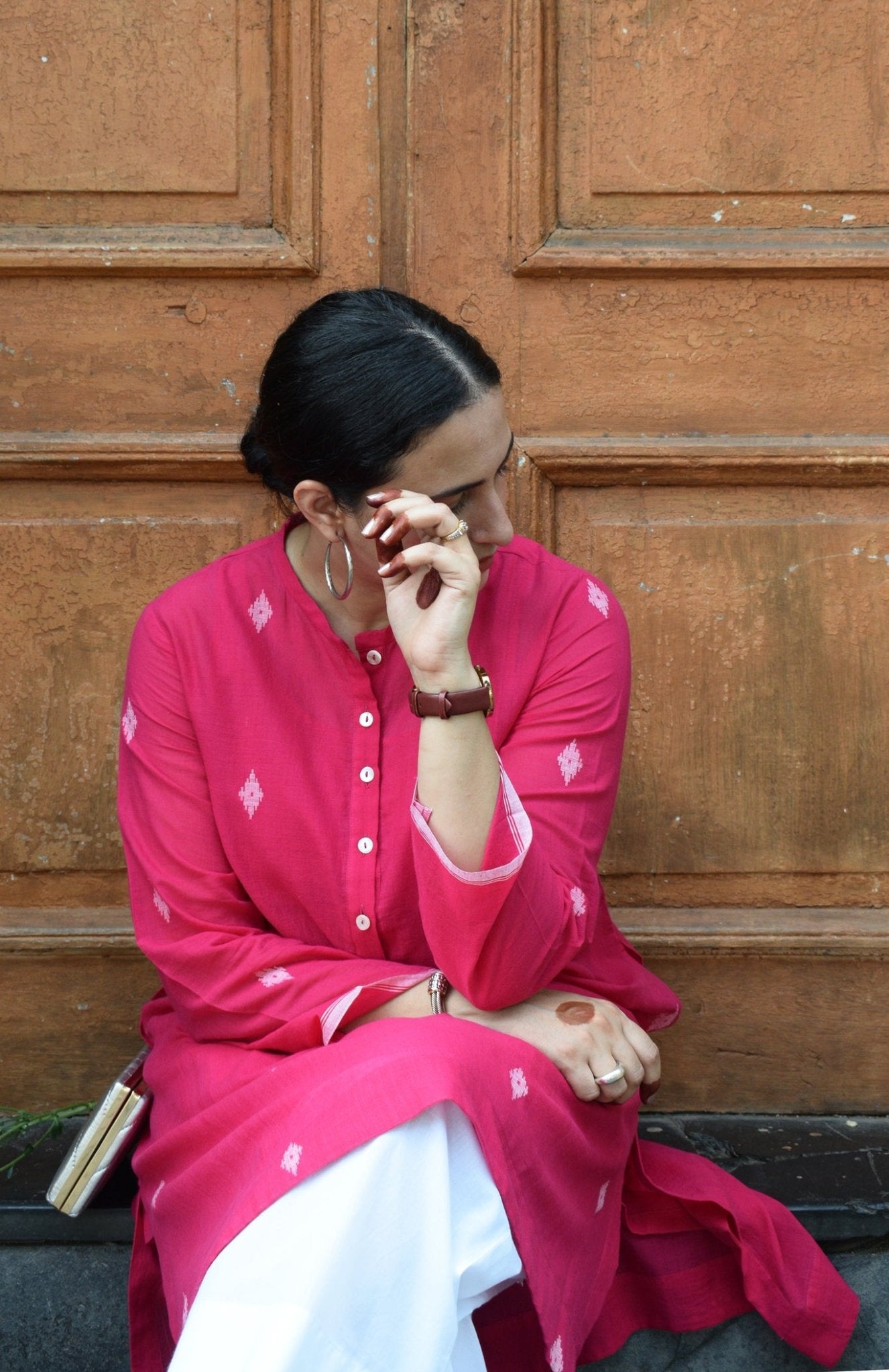 Rani Pink Jamdani Kurta with Placket - CiceroniKurta, Everyday WearHouse of Moxa