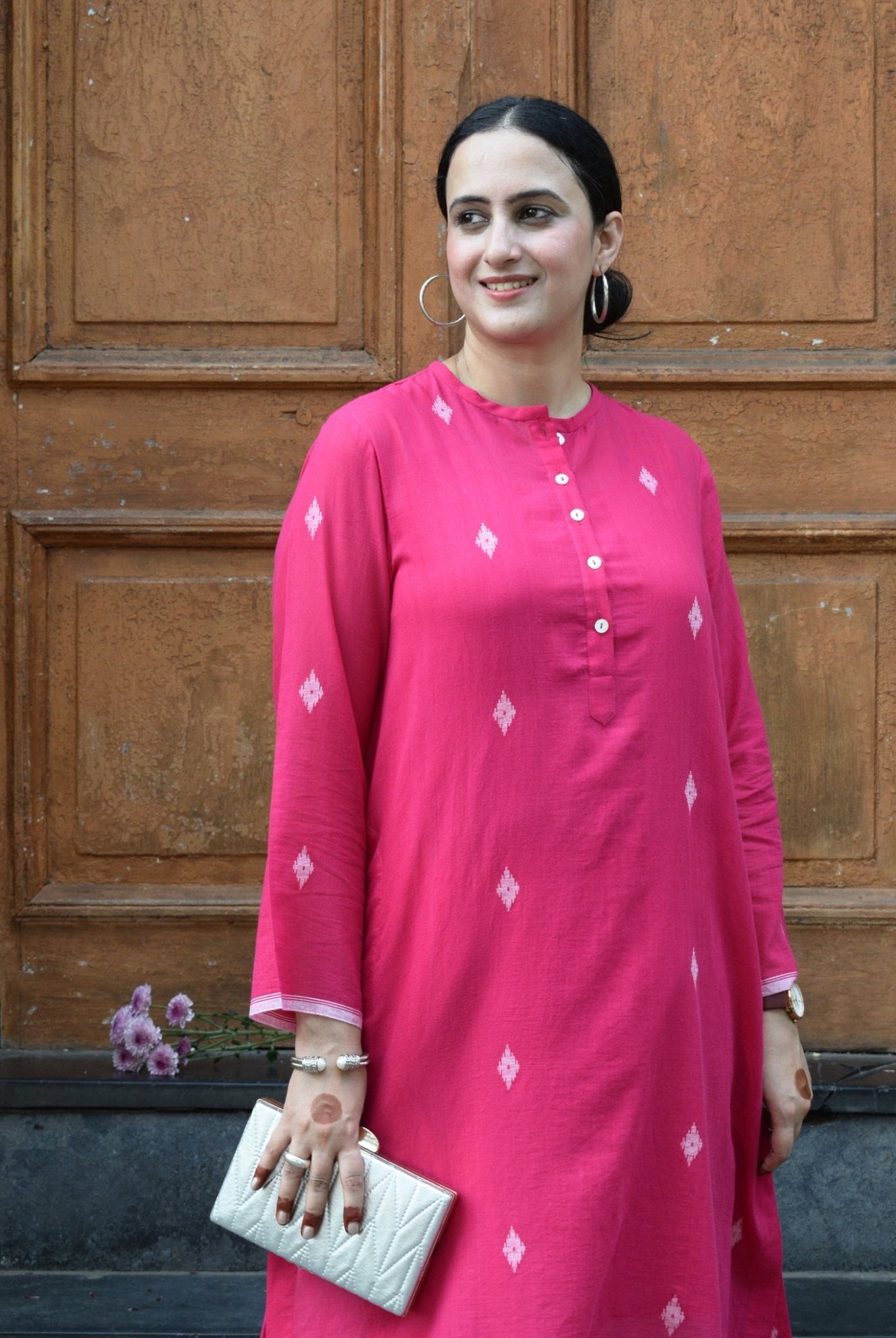 Rani Pink Jamdani Kurta with Placket - CiceroniKurta, Everyday WearHouse of Moxa