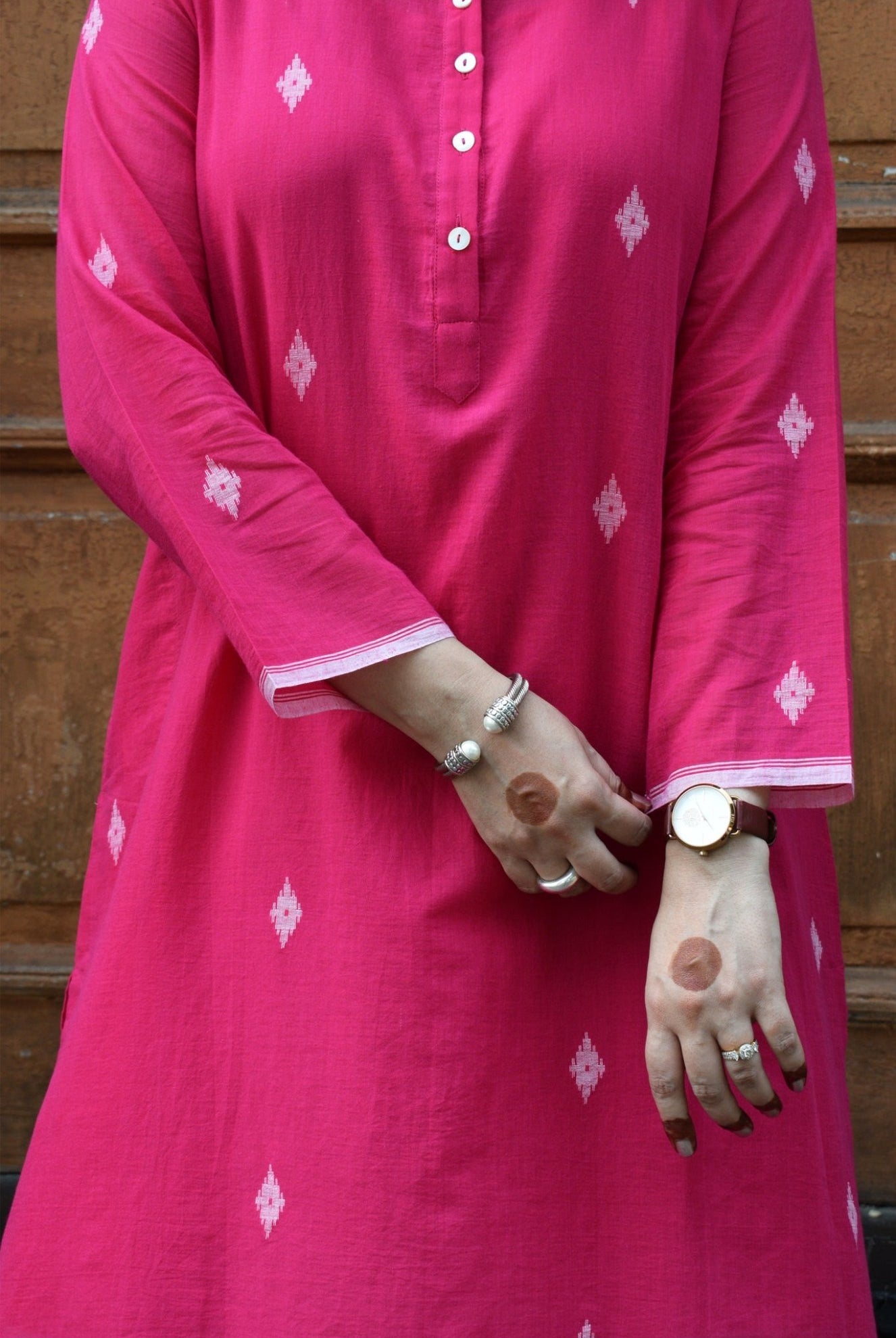 Rani Pink Jamdani Kurta with Placket - CiceroniKurta, Everyday WearHouse of Moxa