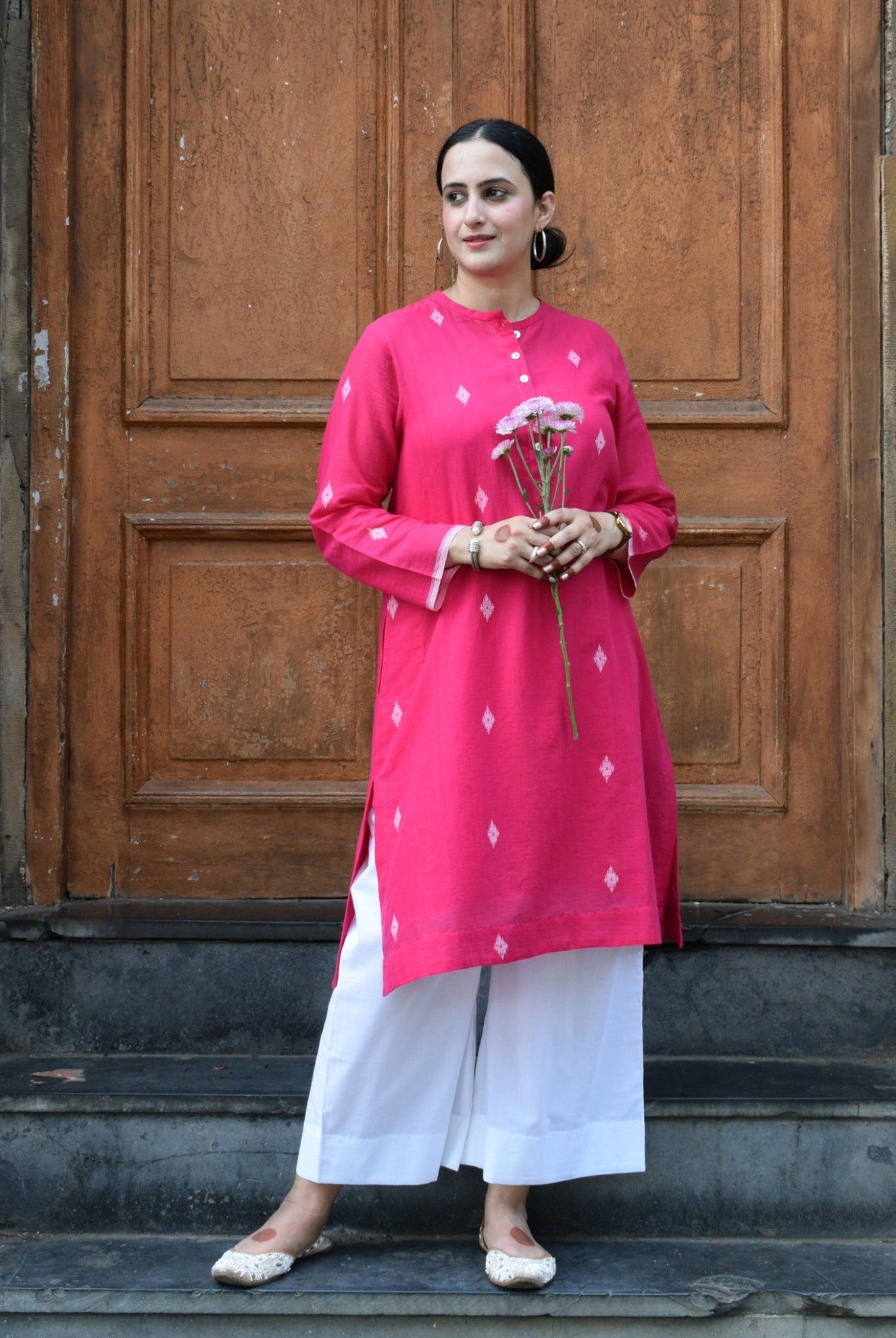 Rani Pink Jamdani Kurta with Placket - CiceroniKurta, Everyday WearHouse of Moxa