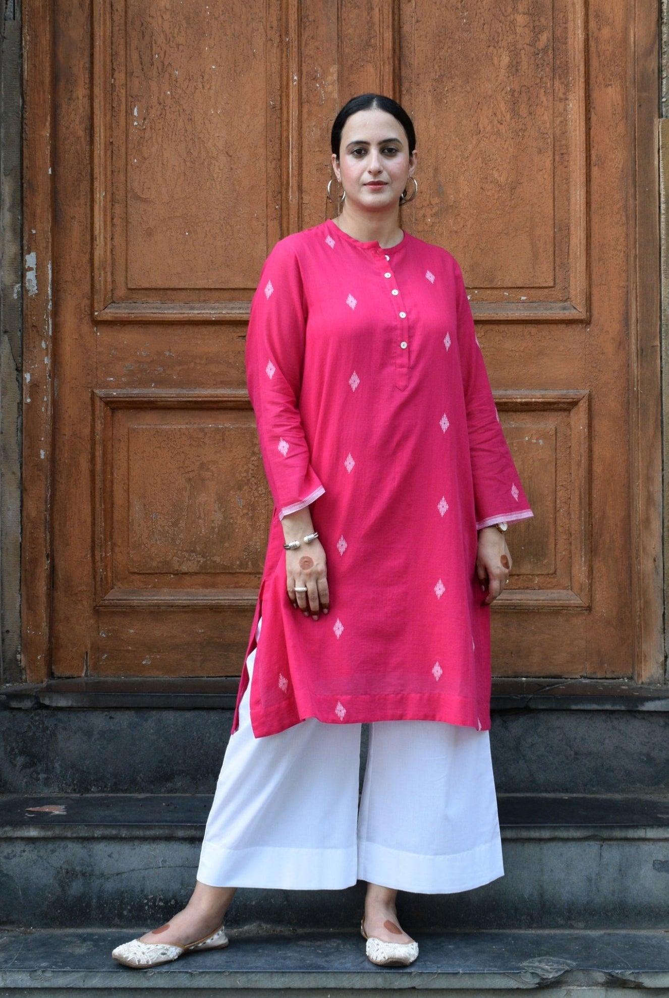 Rani Pink Jamdani Kurta with Placket - CiceroniKurta, Everyday WearHouse of Moxa