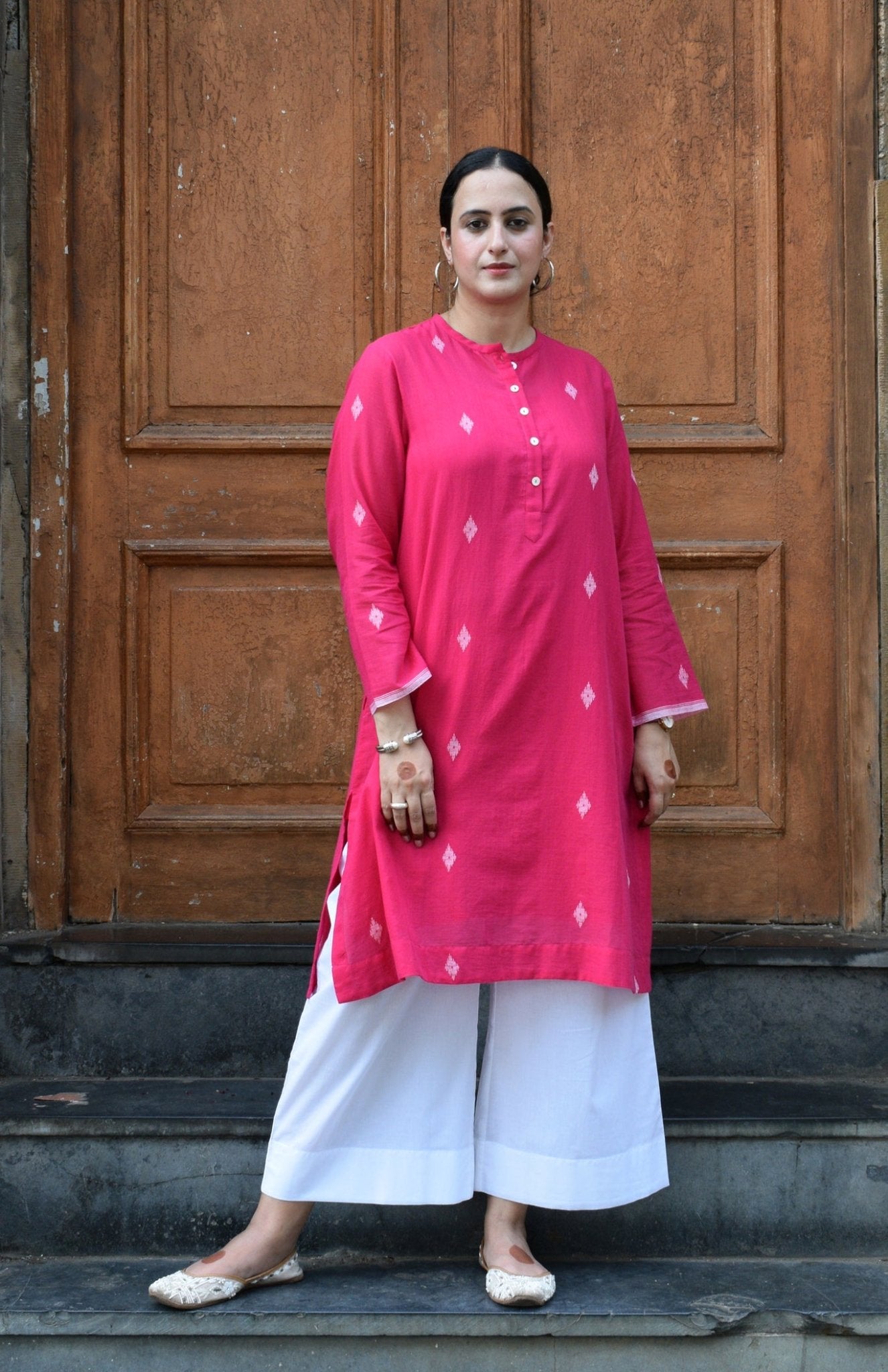 Rani Pink Jamdani Kurta with Placket - CiceroniKurta, Everyday WearHouse of Moxa